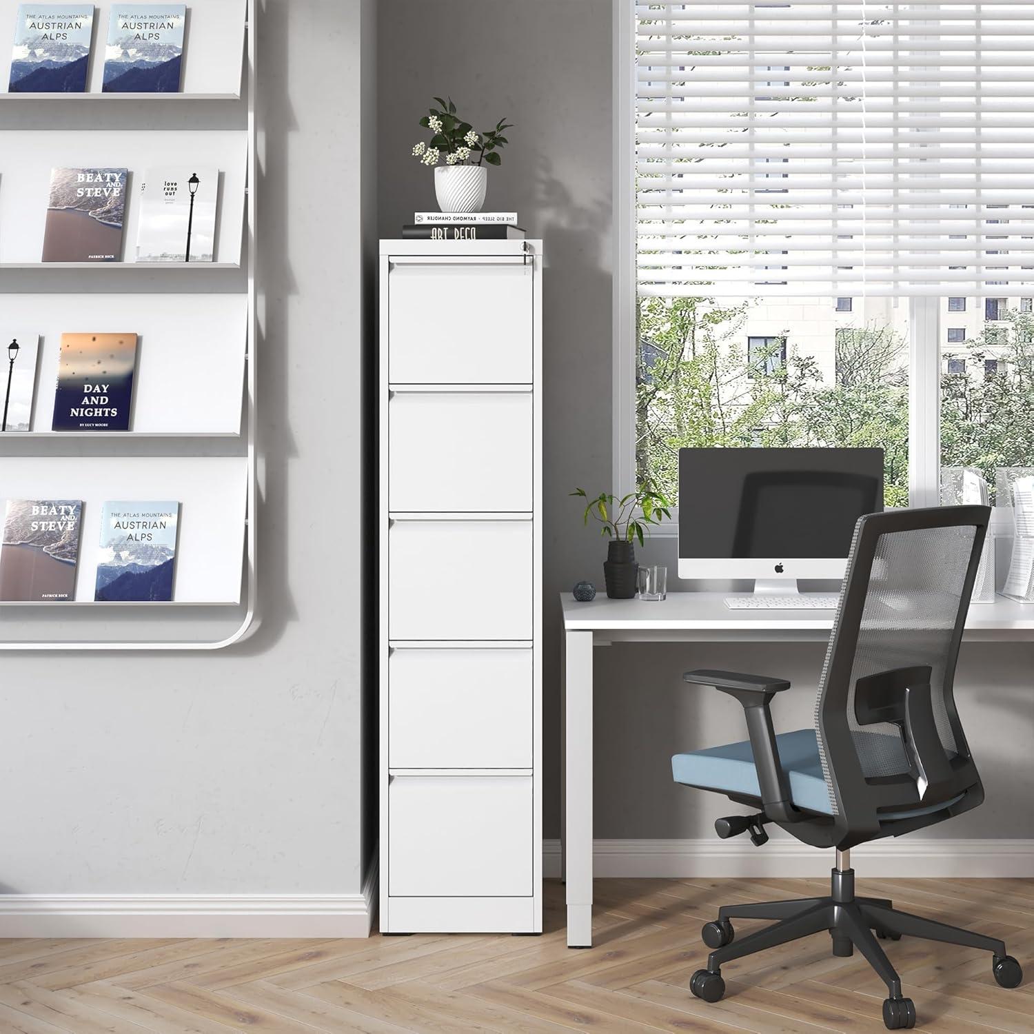 White Vertical 5-Drawer Lockable Metal Filing Cabinet