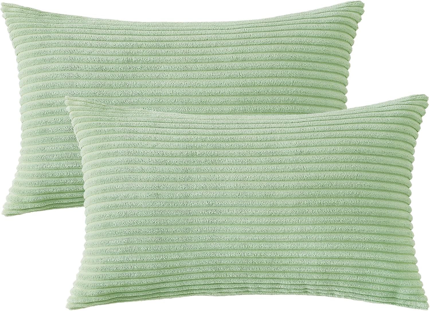 Soft Corduroy Striped Velvet Rectangle Decorative Throw Pillow Cusion For Couch, 12" x 20", Green, 2 Pack