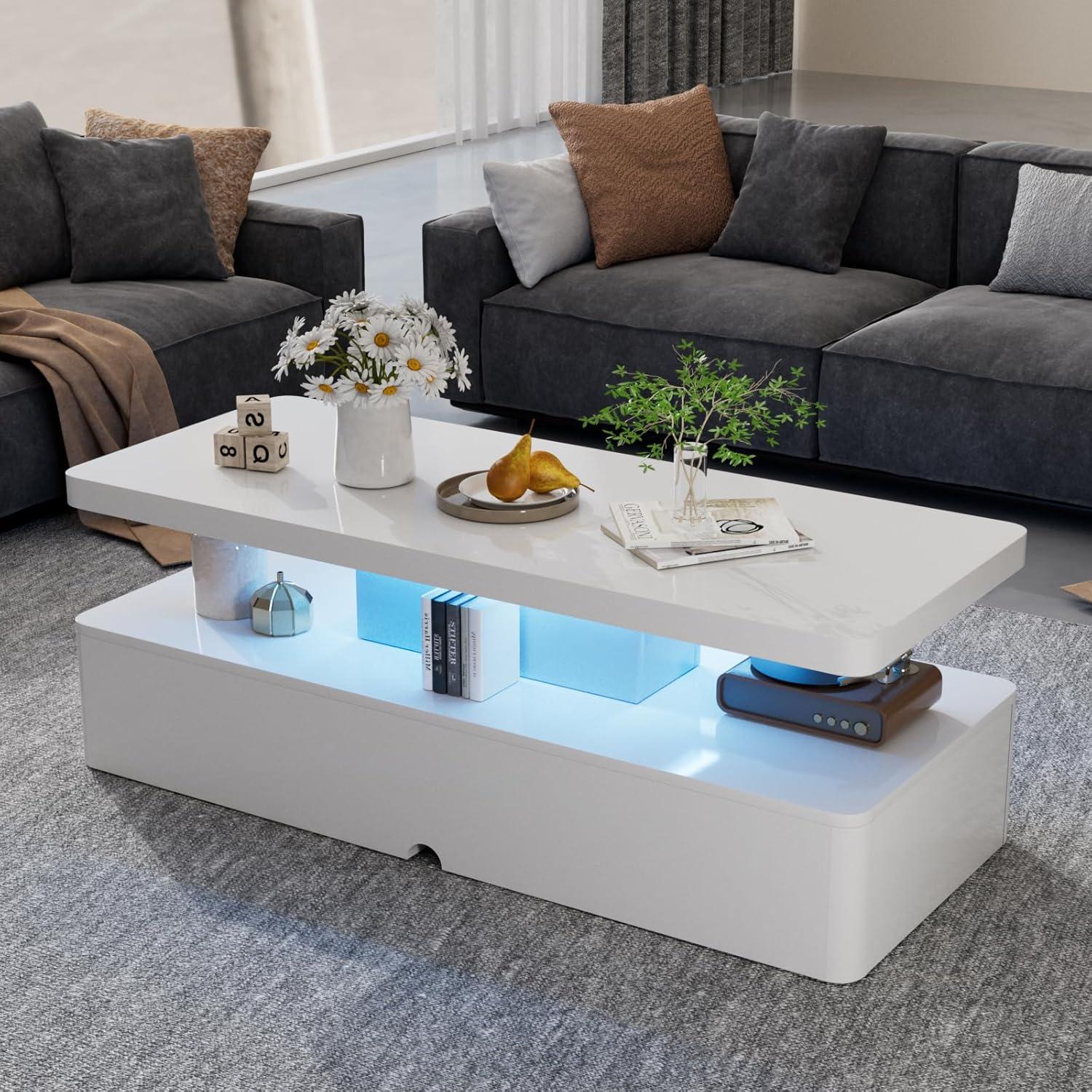 Oneinmil Modern Stylish Coffee Table with 16 Colors LED Lights, Double-Layer Design for Living Room, White High Gloss Acrylic