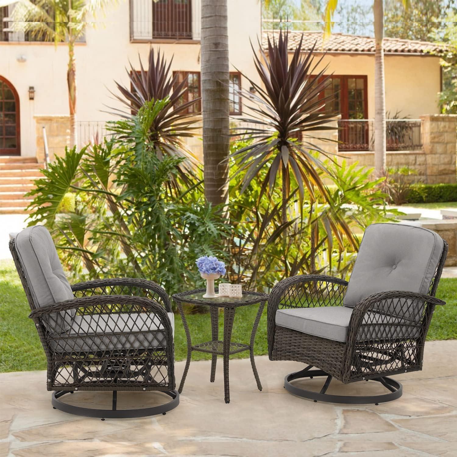 Gray Wicker Steel Frame Swivel Rocking Patio Set with Glass Table