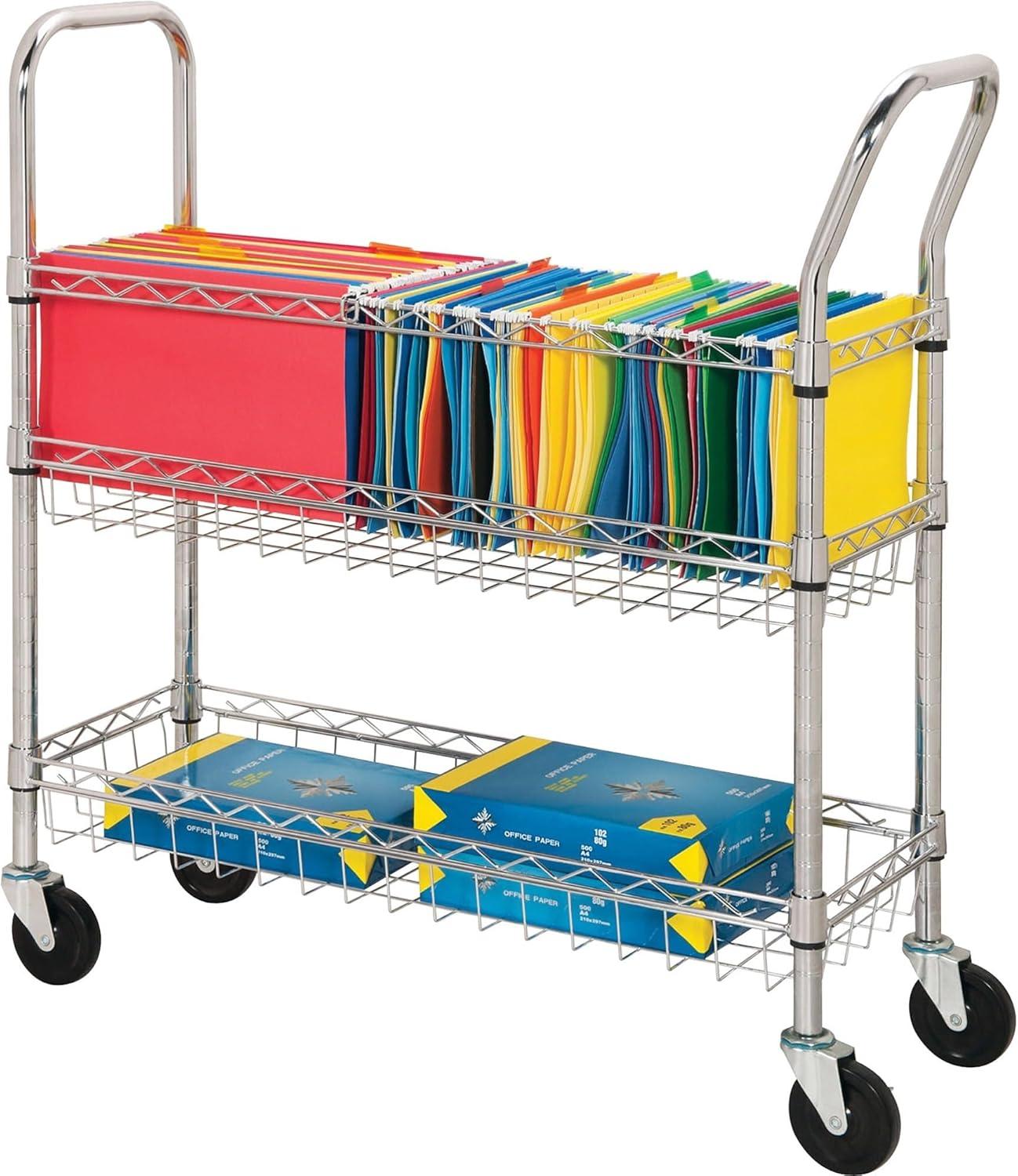 Chrome Heavy-Duty Steel Mobile Mail Cart with Dual Baskets