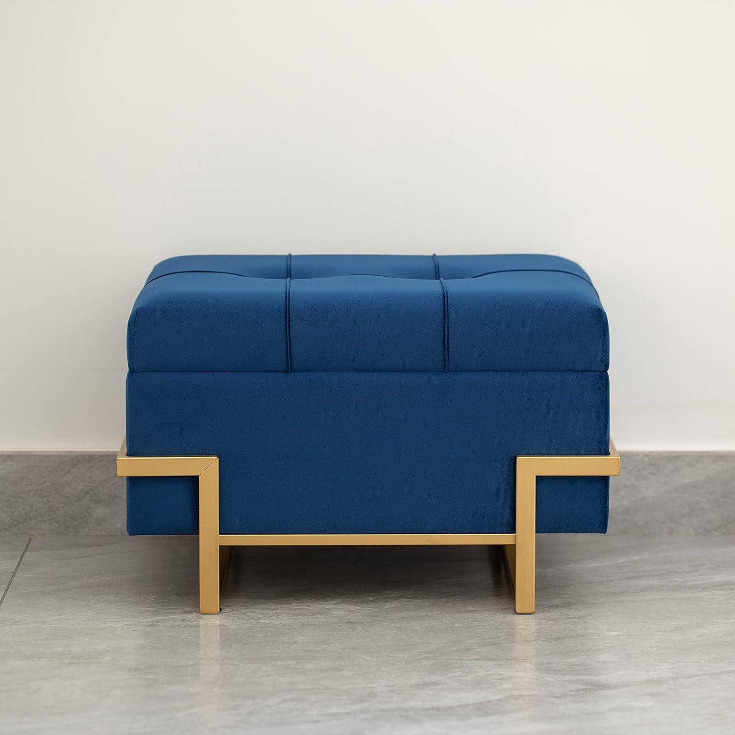 Blue Velvet Rectangular Ottoman with Golden Abstract Legs and Storage