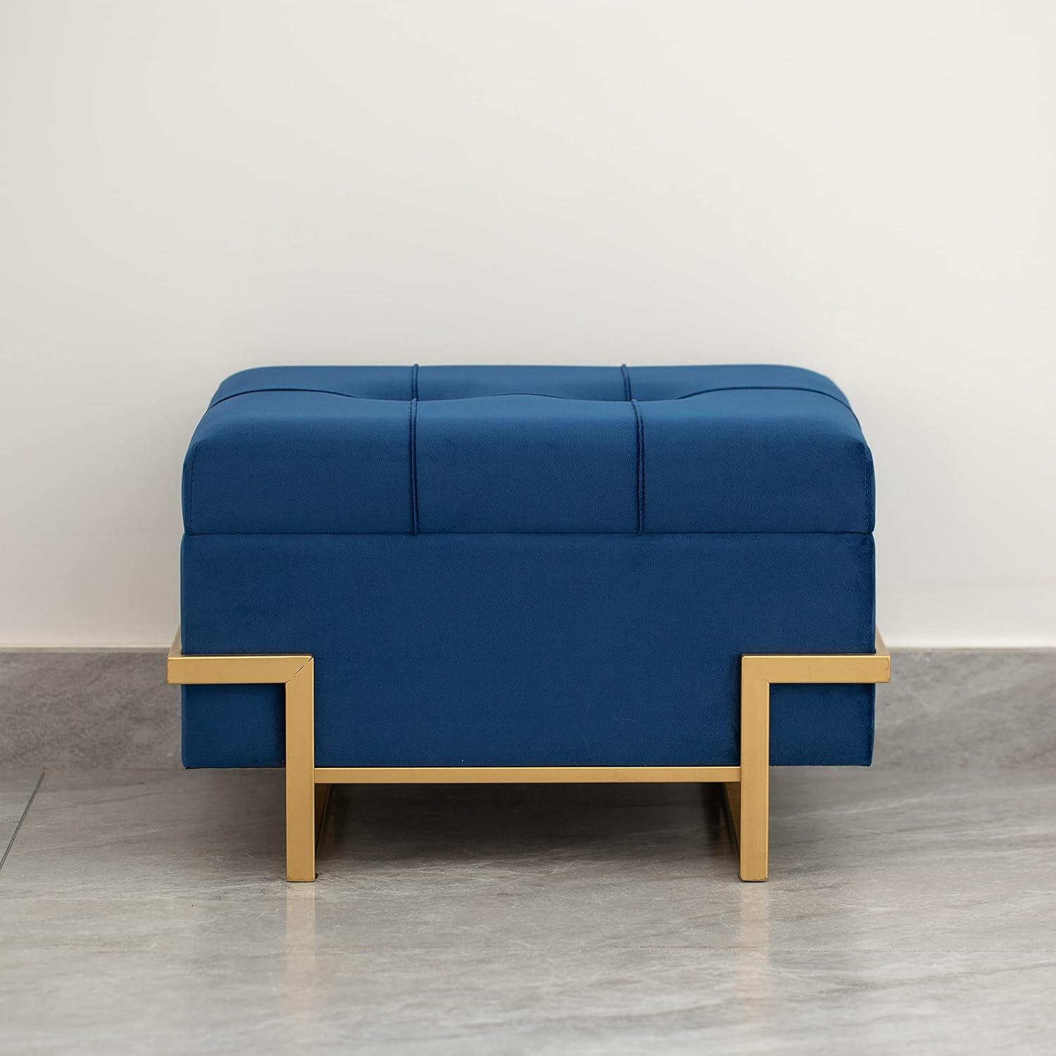 Blue Velvet Rectangular Ottoman with Golden Abstract Legs and Storage