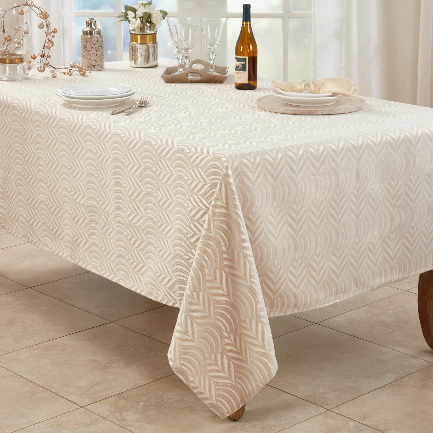 Beige Jacquard Geometric Rectangular Tablecloth