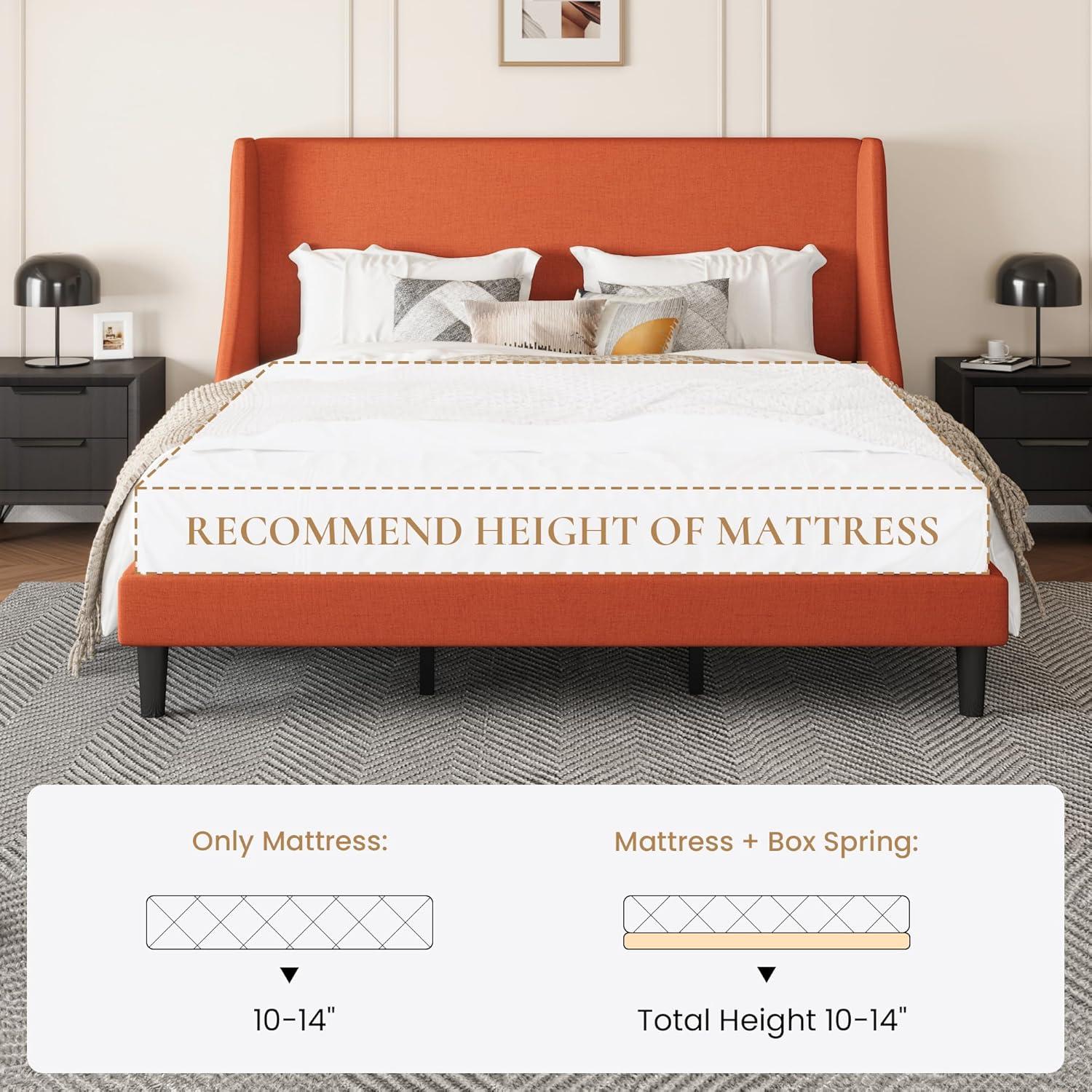 SHA CERLIN Upholstered Bed Frame King Size with Streamlined Wingback Headboard, Breathable Linen Fabric, Solid Wooden Slats, Easy Assembly, Orange