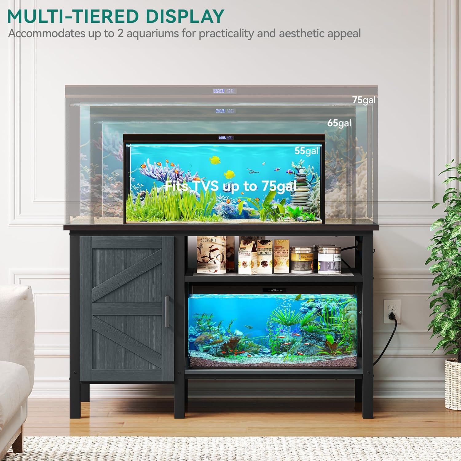 iSunirm 55-75 Gallon Aquarium Stand with Shelf, Fish Tank Stand with Power Outlets and LED Lights, Heavy Duty Reversible Aquarium Stand with Cabinet, for Fishes and Reptiles, 49.2"L*18.9"W, Black Oak