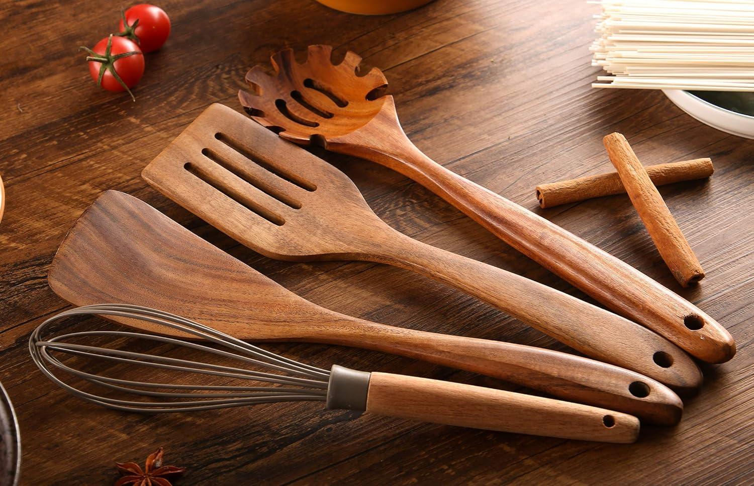 Wooden Kitchen Utensils set With Utensil Holder KOSMIKO 11 PCS Teak Wooden Cooking Spoons and Spatula for Cooking including Spoon Ladle Fork.