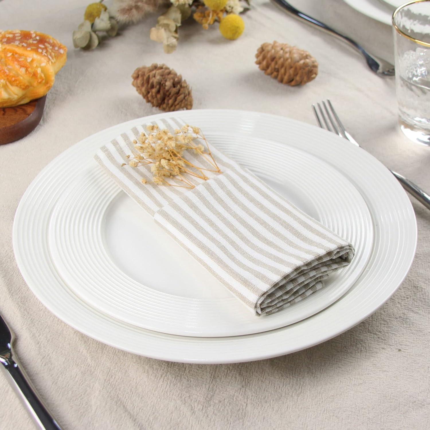 Plain Striped Cotton Linen Blended Dinner Cloth Napkins - Set of 12 (40 x 30 cm) - for Events & Home Use (Beige)