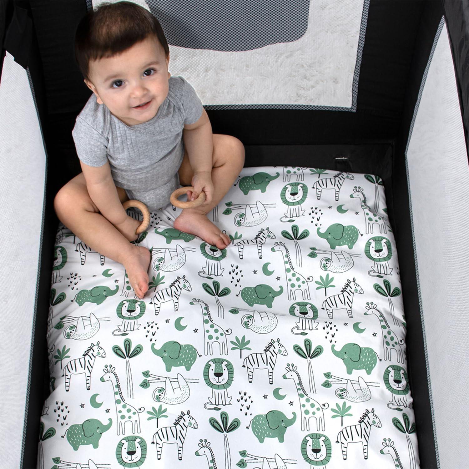 The Peanutshell Mini Crib Sheet Set - 3 Pack - Multiuse for Pack & Play, Playard, Playpen, Mini Crib - Green Safari Animals