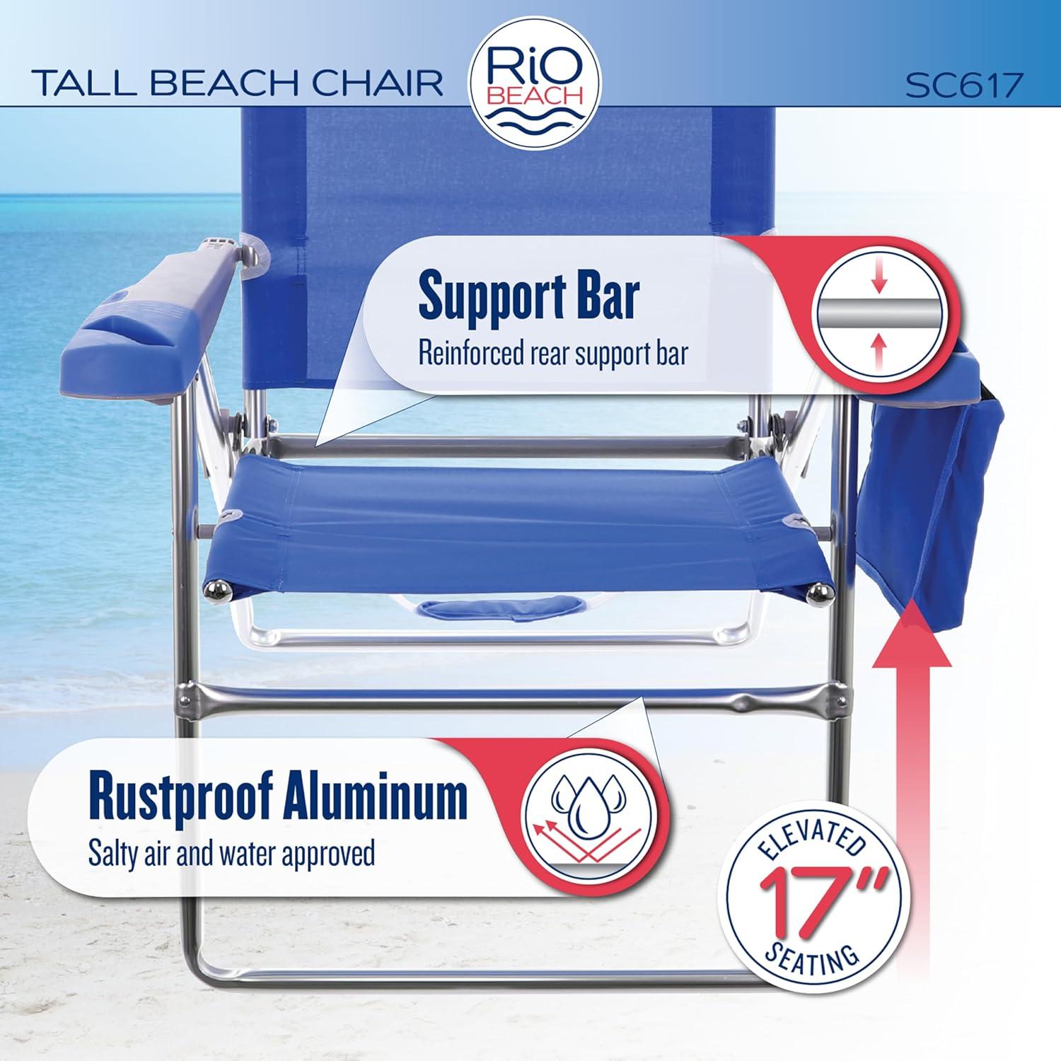 17" High Blue and Green Striped Foldable Beach Chair with Armrests