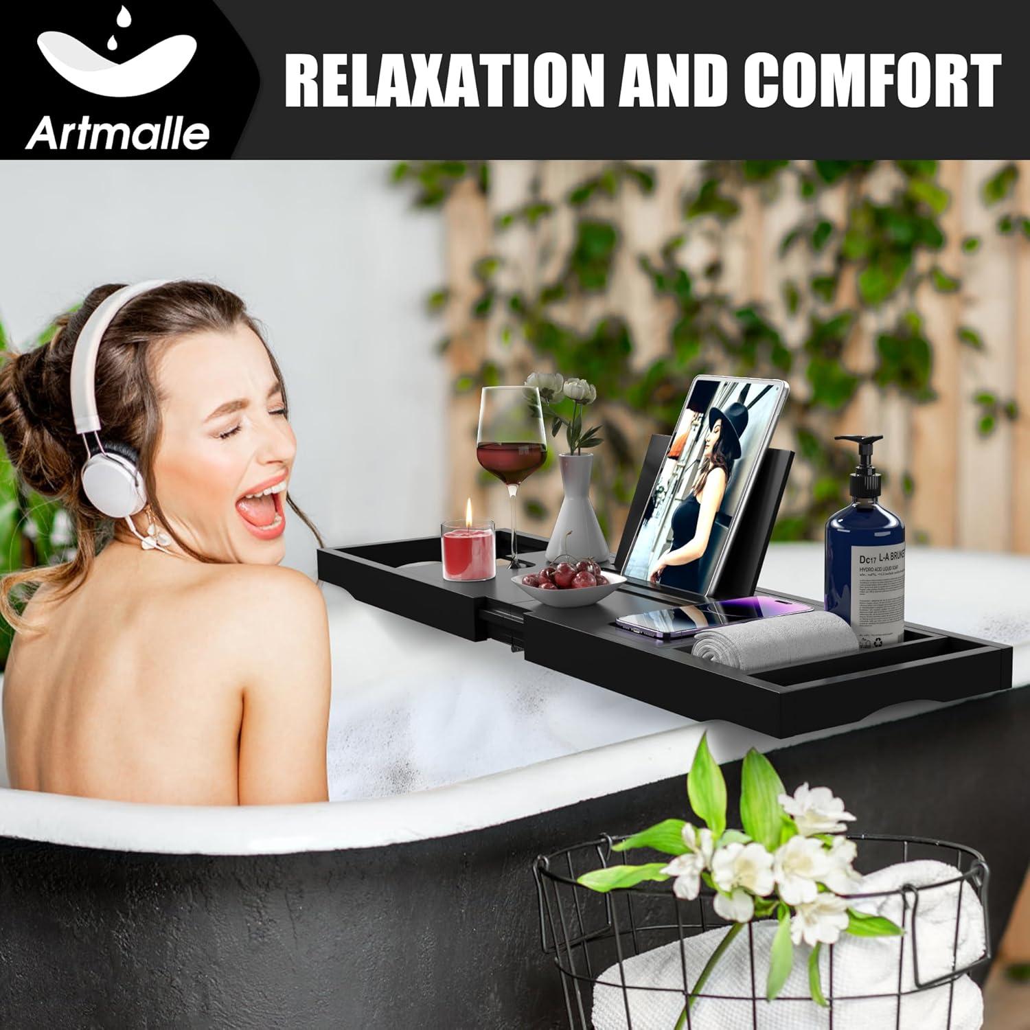 Premium Bathtub Caddy Tray,Expandable Bamboo Bath Tray for Tub,Foldable Minimalist Bathroom Accessories with Book Stand for Home Spa Relaxing,Unique House Warming Gifts,Natural