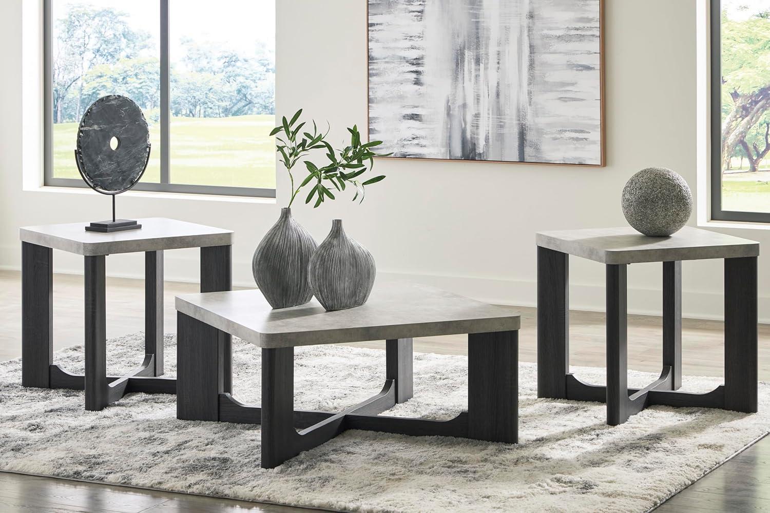 Gray Square Faux Cement and Wood Coffee Table Set