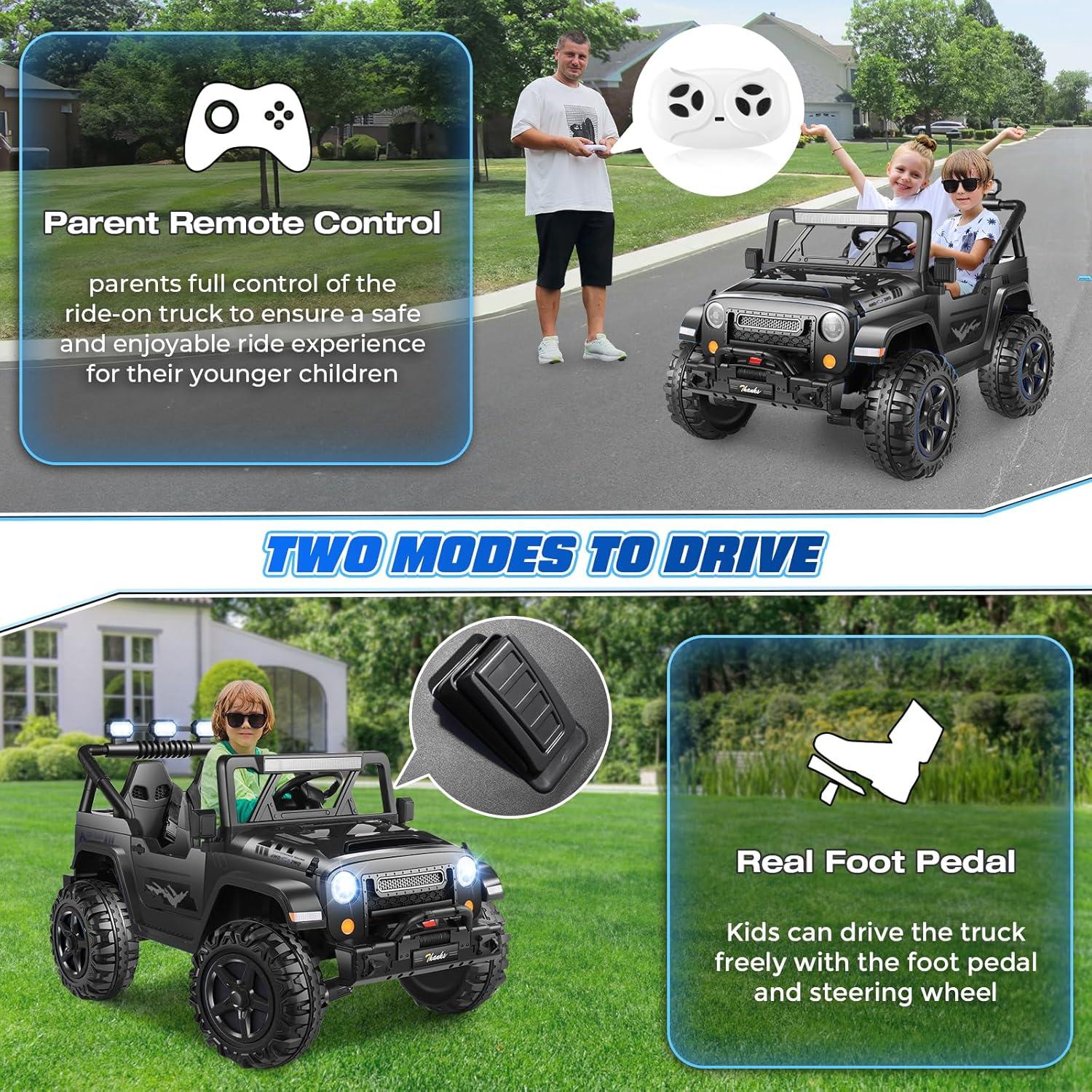 Ancheer 24V 4WD//2WD Ride On Jeep Truck,2 Seater Kids UTV With 4X200w Powerful Engine,Remote Control,Bluetooth,20 Wide Seat,Vehicles for Kids Toddlers