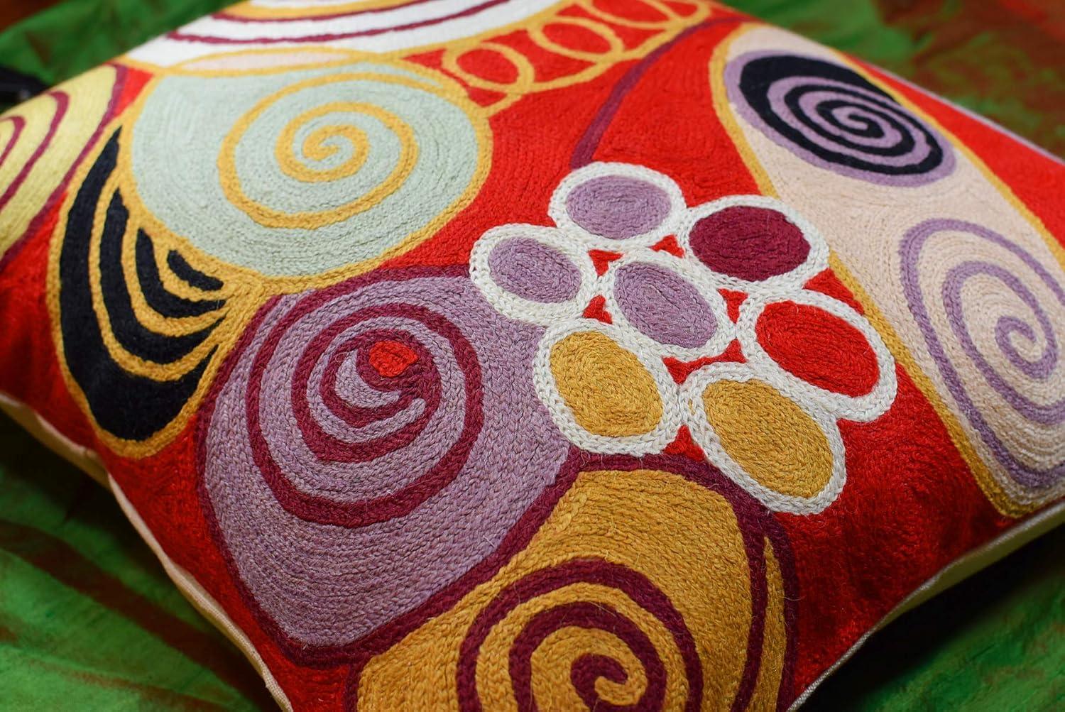 Bright Red Hand Embroidered Cotton Wool Euro Pillow Cover