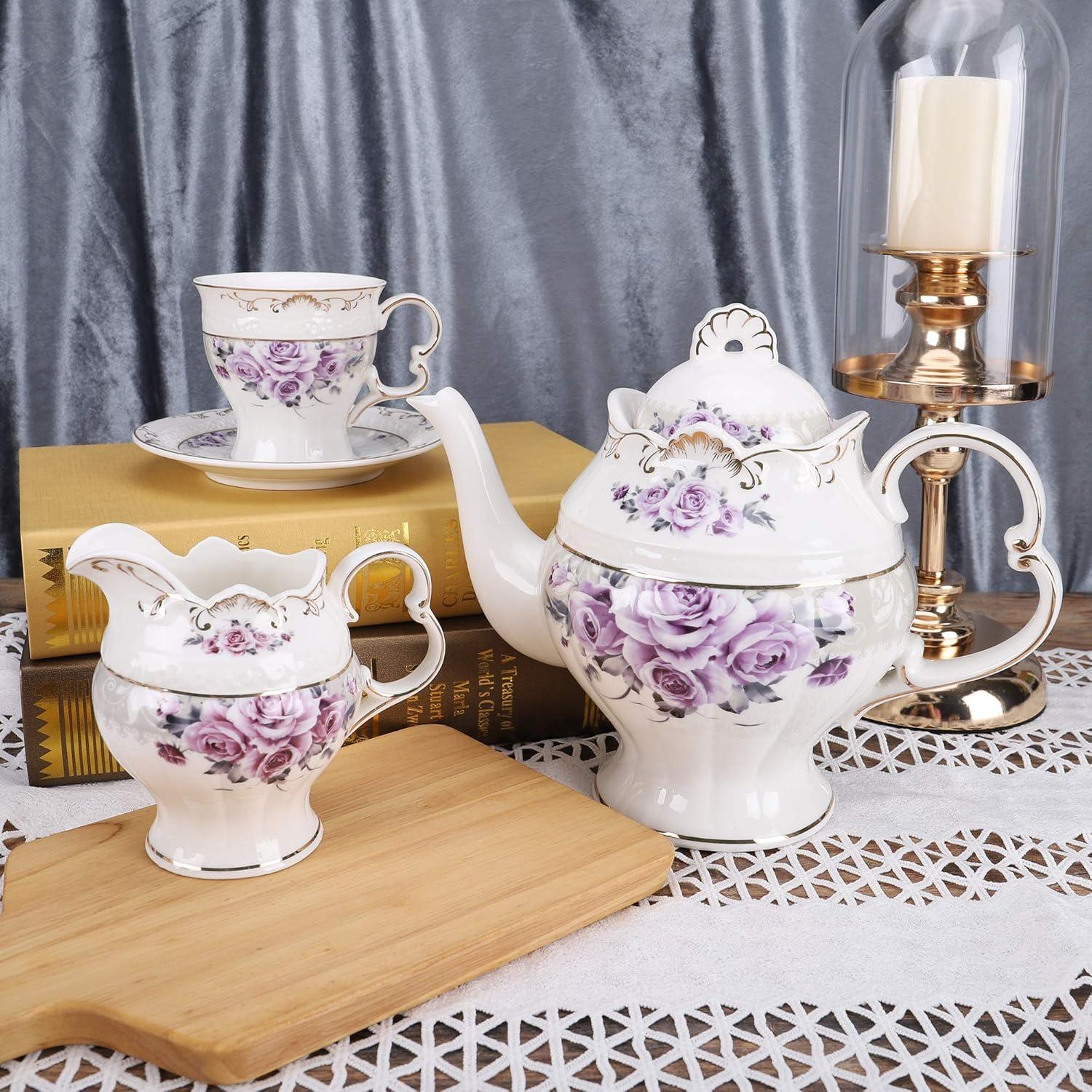 Elegant Purple Rose Porcelain Tea Set with Gold Trim