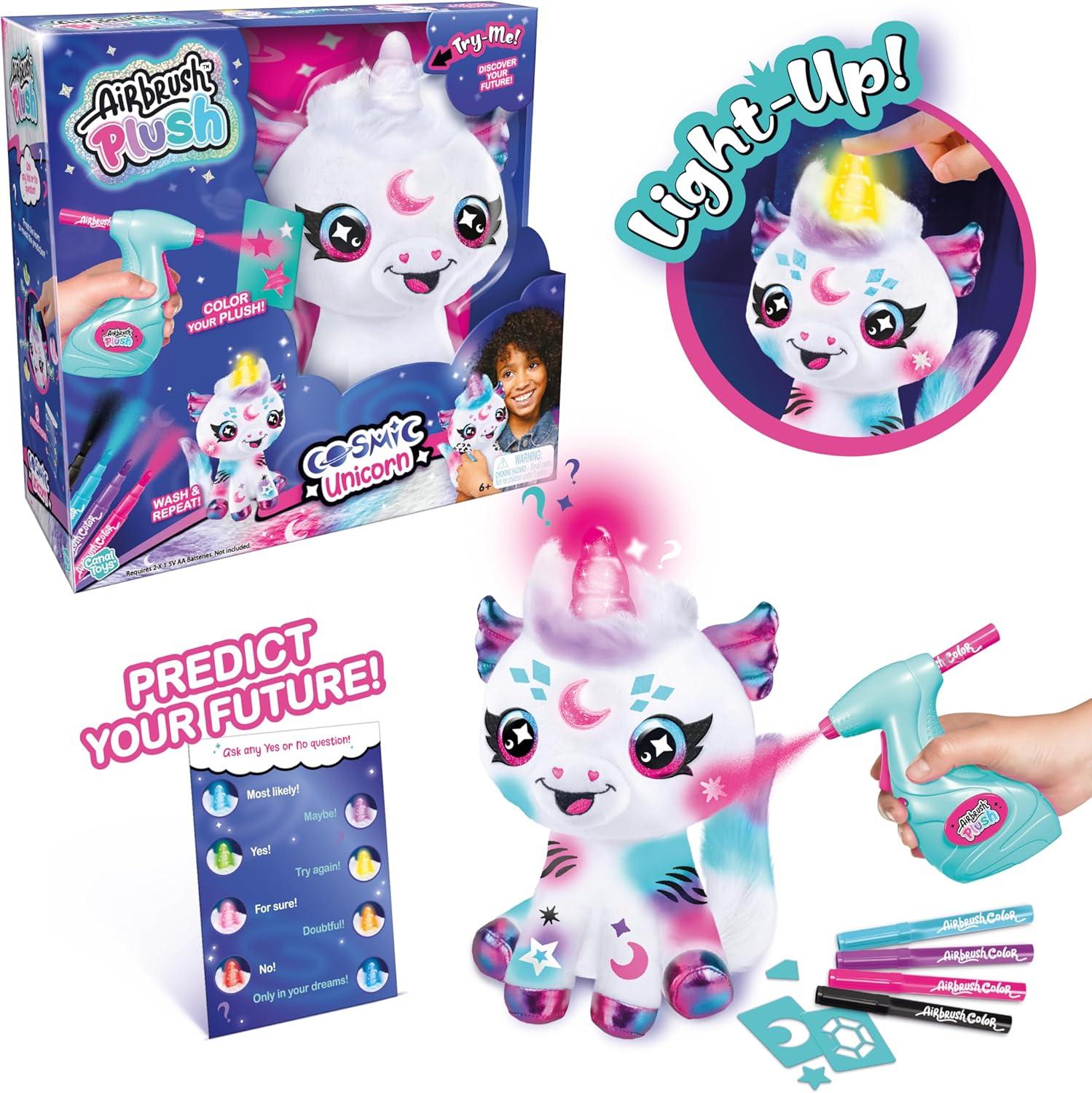Canal Toys Airbrush Plush Cosmic Light Up Unicorn! Decorate, wash, Repeat! Customize Your own Spray Art Plush. Light up Fortune teller's Horn. Ages 6+