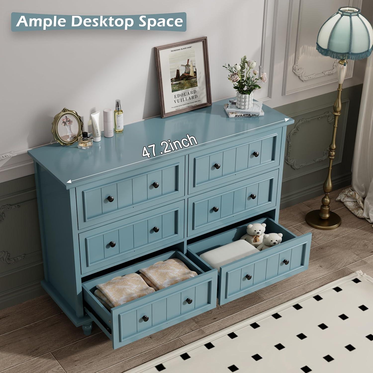 Scurrty 6 Drawer Dresser, Antique Chest of Drawers, Large Cabinet with Storage, Big Dresser for Clothes in Living Room, Bedroom (Blue)