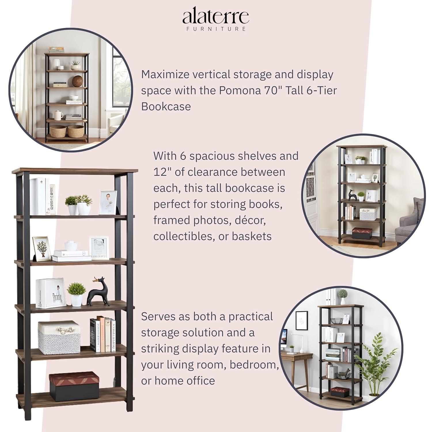 Alaterre Furniture Pomona 70 in. Tall 5-Shelf Solid Pine Wood & Metal Bookcase, Bookshelf for Home Office, Living Room or Bedroom, Natural