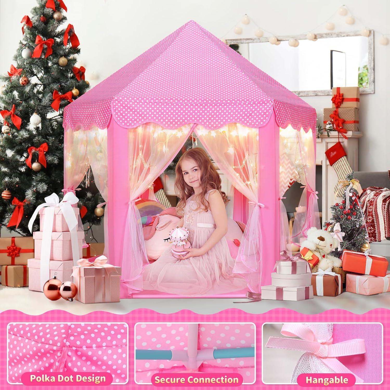 Princess Playhouse Play Tent with LED Lights, Large Collapsible Indoor / Outdoor Kids Teepee with Carrying Bag