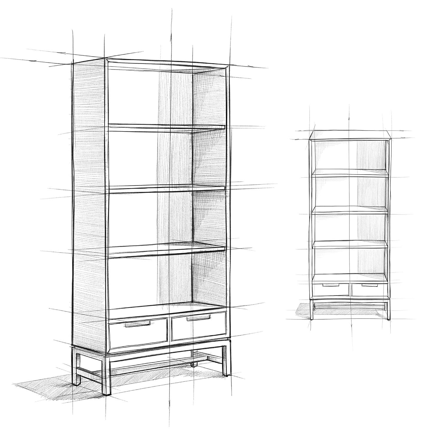 Simpli Home Banting 30"W Solid Wood 4 Shelf Industrial Bookcase with 2 Drawers, Adjustable Shelves, and Metal Base