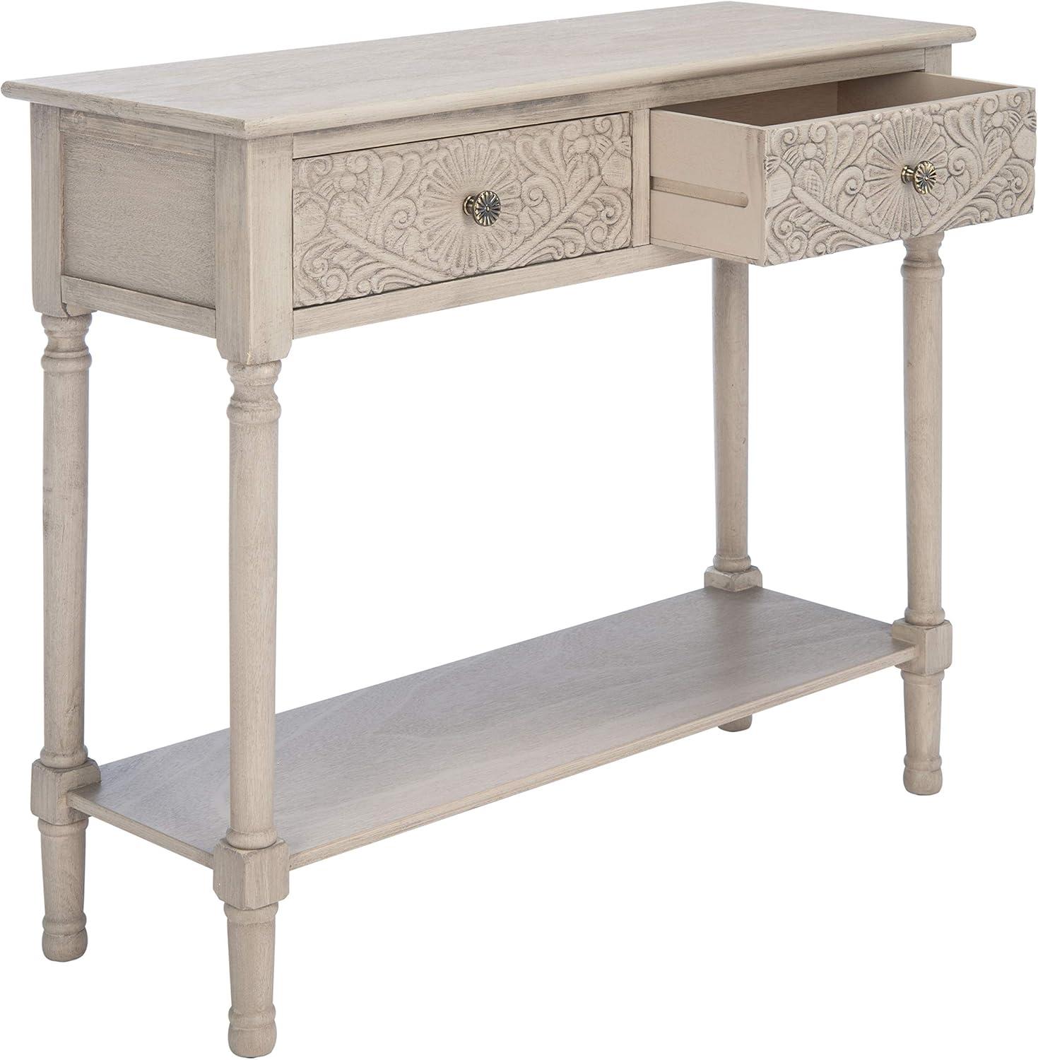 Josie Elegantly Carved Greige Wood & Metal 40'' Console Table with Storage