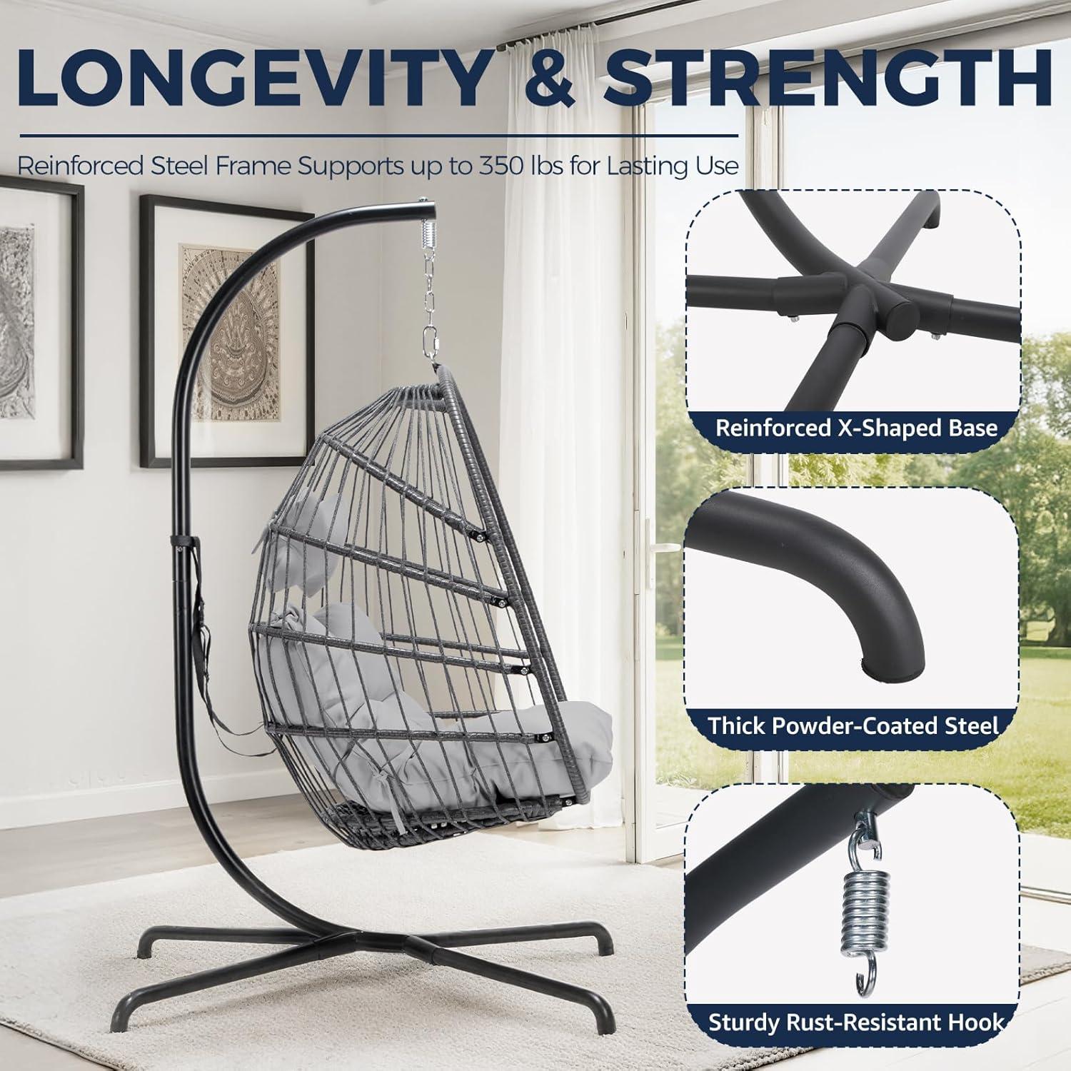 NICESOUL All Weather Swing Egg Chair Indoor Outdoor, Comfy Rattan Patio Basket Hanging Chair with Stand and Cushions, 350lbs Heavy Duty Sturdy Egg Hammock Chairs for Porch Balcony Deck Garden, Gray