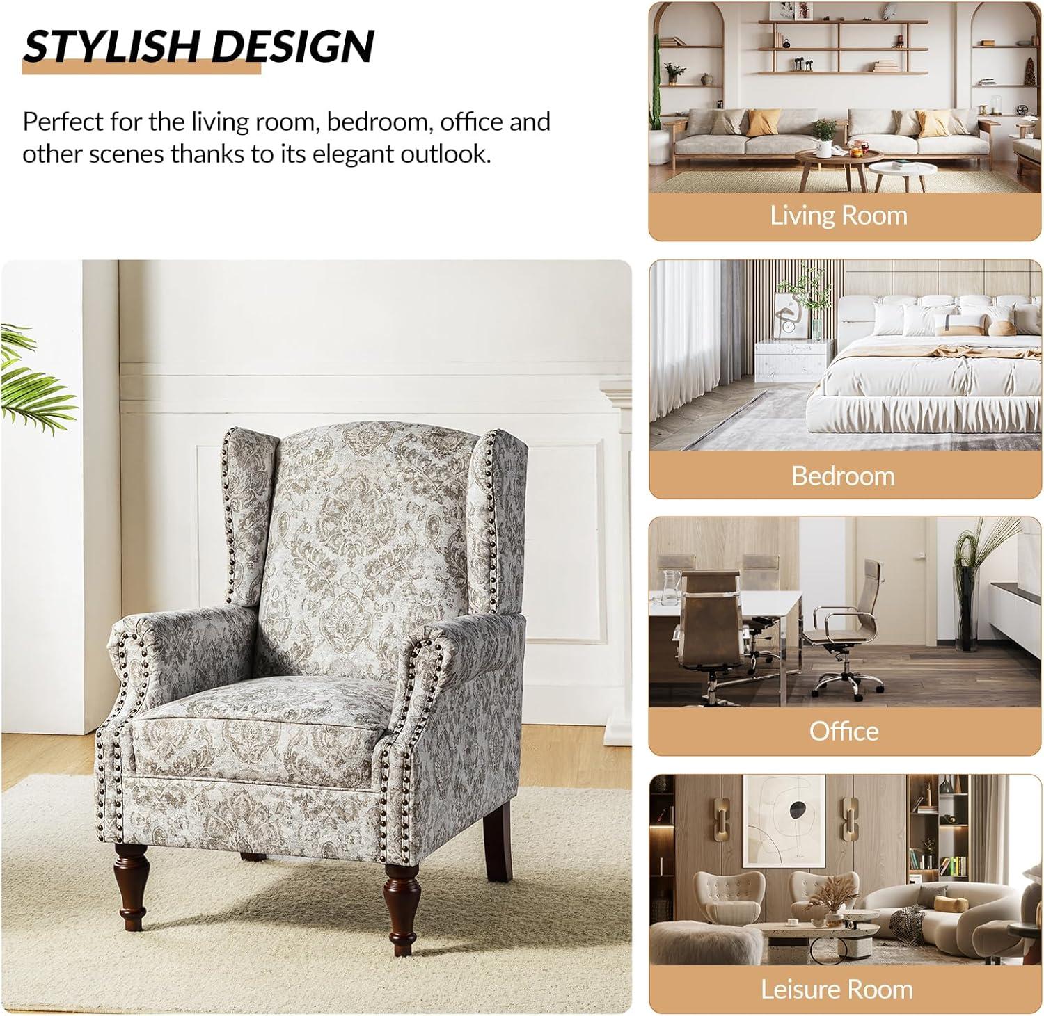 Beige Floral Pattern Wingback Accent Chairs with Wooden Legs