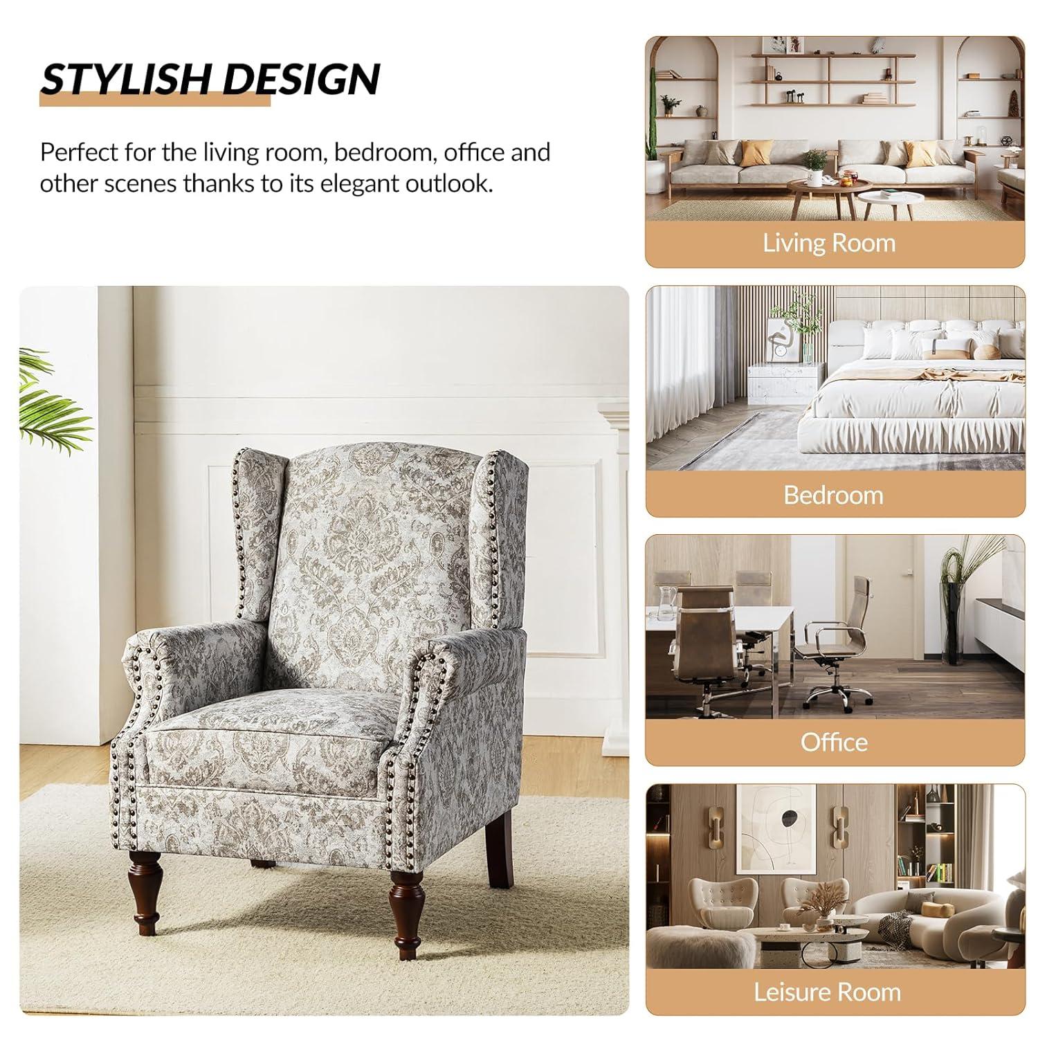 Beige Floral Pattern Wingback Accent Chairs with Wooden Legs