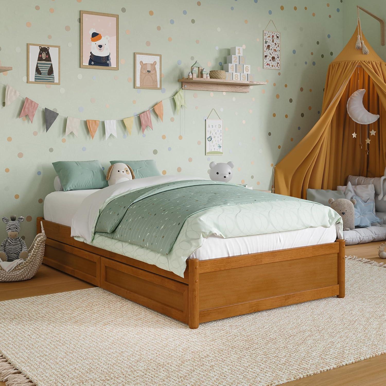 Barcelona Queen Wood Panel Platform Bed with Storage Drawers in Light Toffee