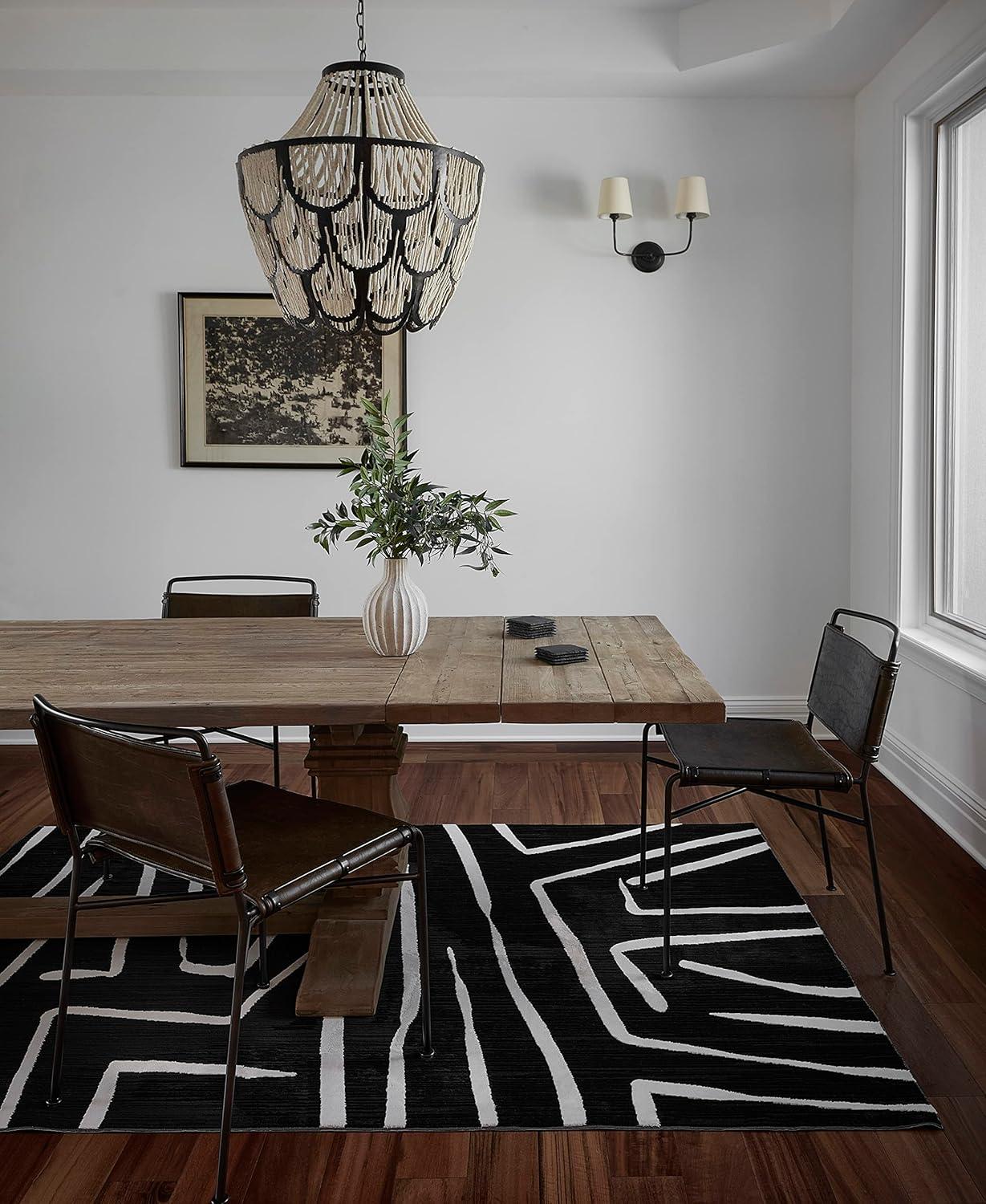 Black and Ivory Geometric Polyester Runner Rug