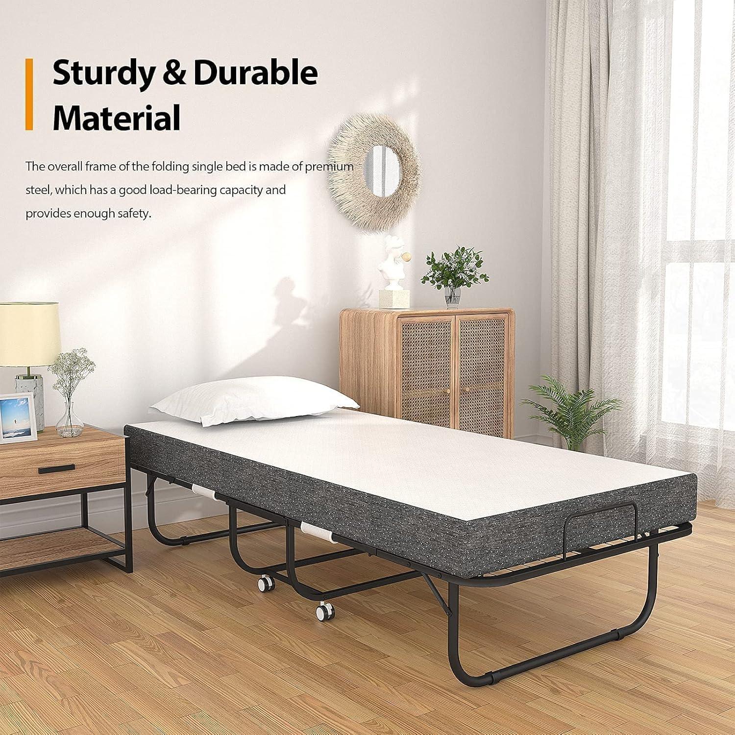 Black Metal Rollaway Bed with Memory Foam Mattress