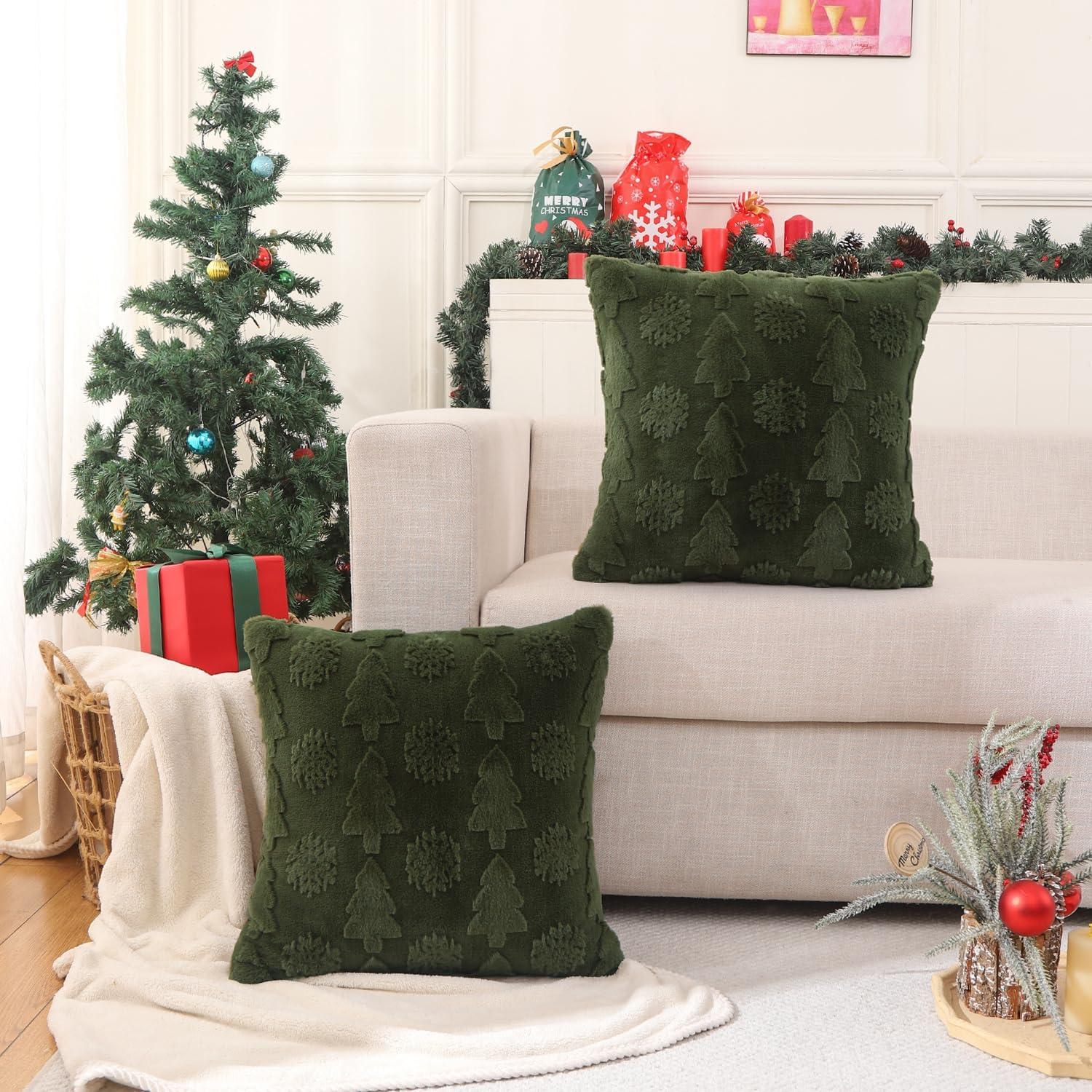 Dark Green Polyester Euro Christmas Tree Pillow Covers, 18x18 Inch, Set of 2