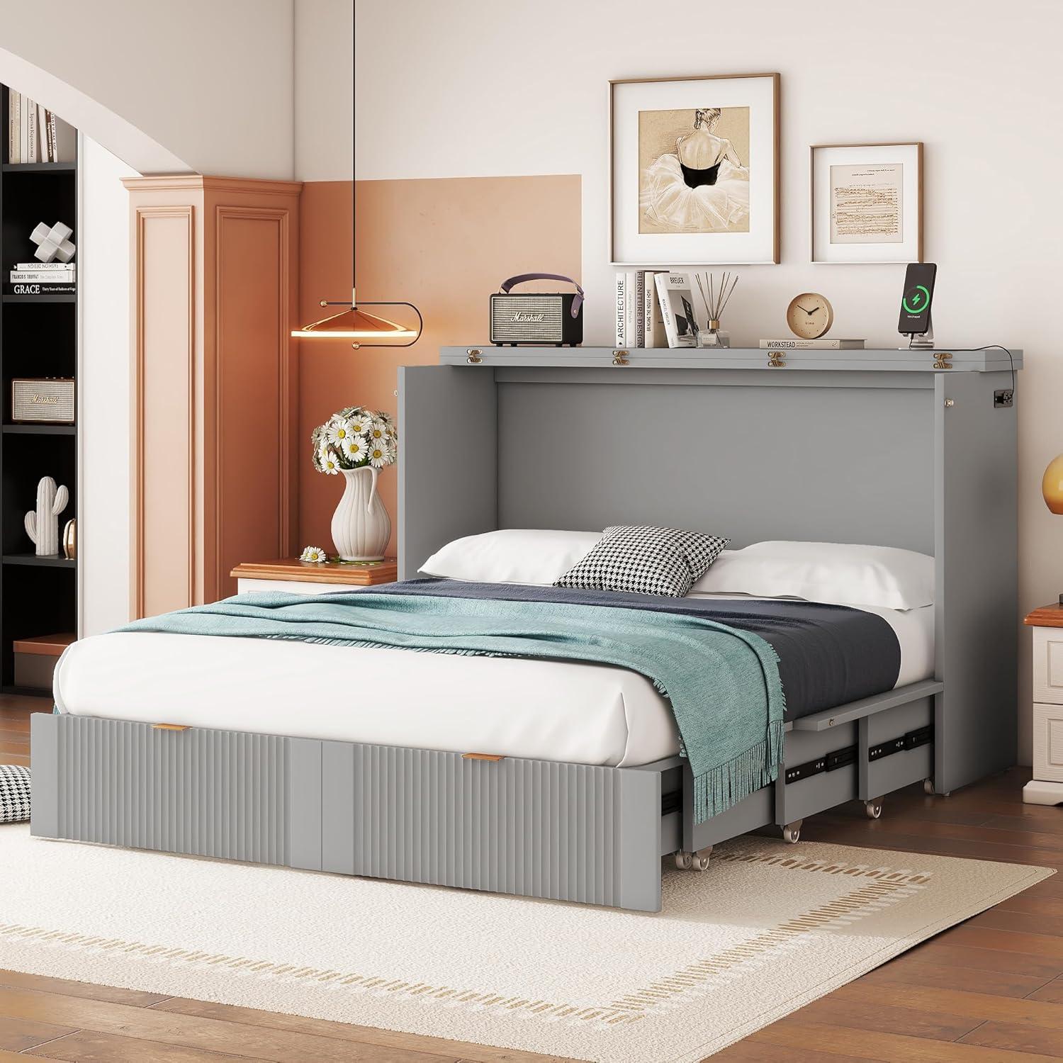 Gray Full Size Murphy Bed with Drawers and USB Ports