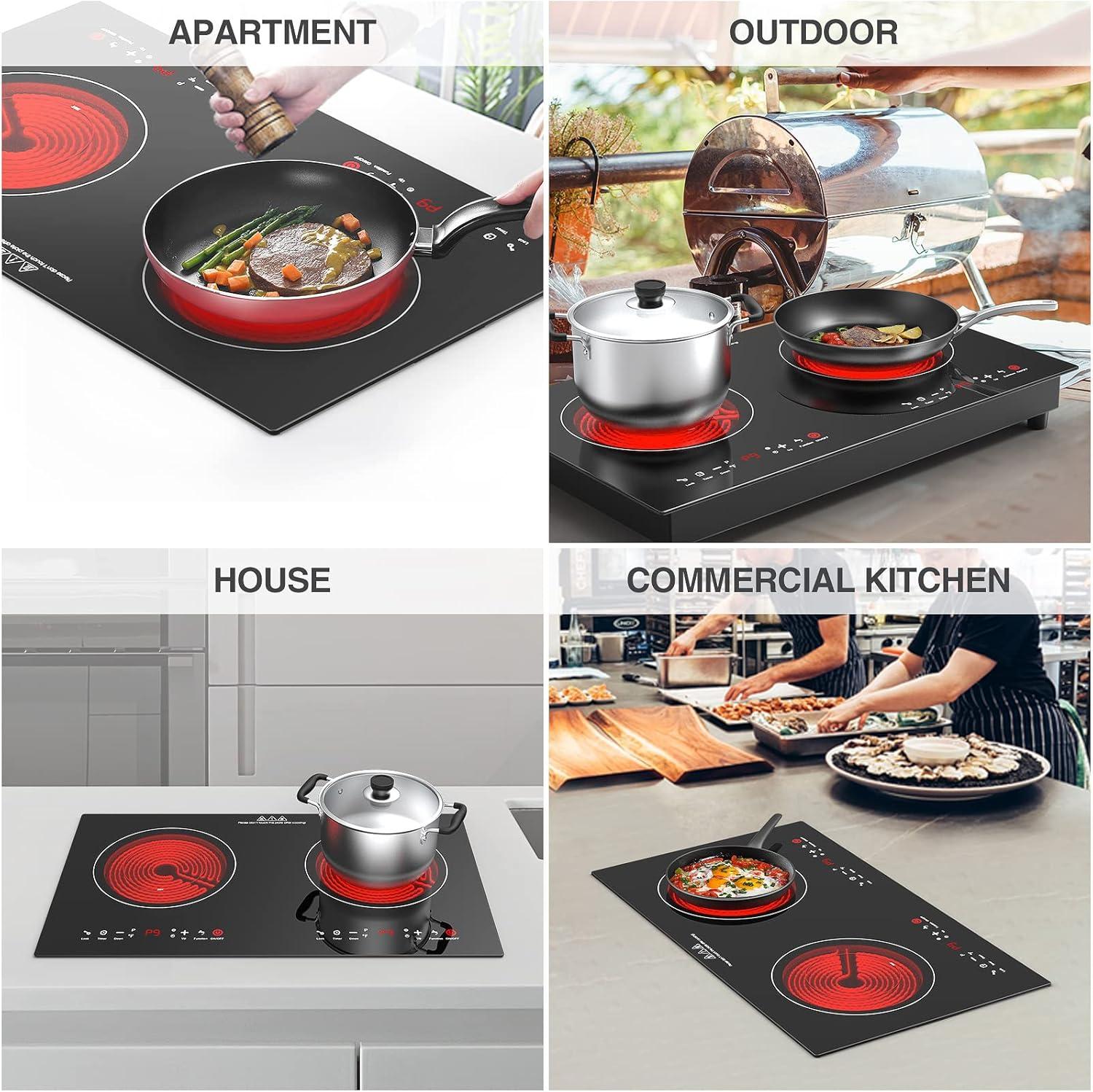 2400w Electric Cooktop, 24" Electric Stove 2 Burner Hot Plate Built-in Double Burner Cooktop with LED Touch Screen,9 Heating 9 Temperature,Kids Lock & Timer,Suitable for all Pans
