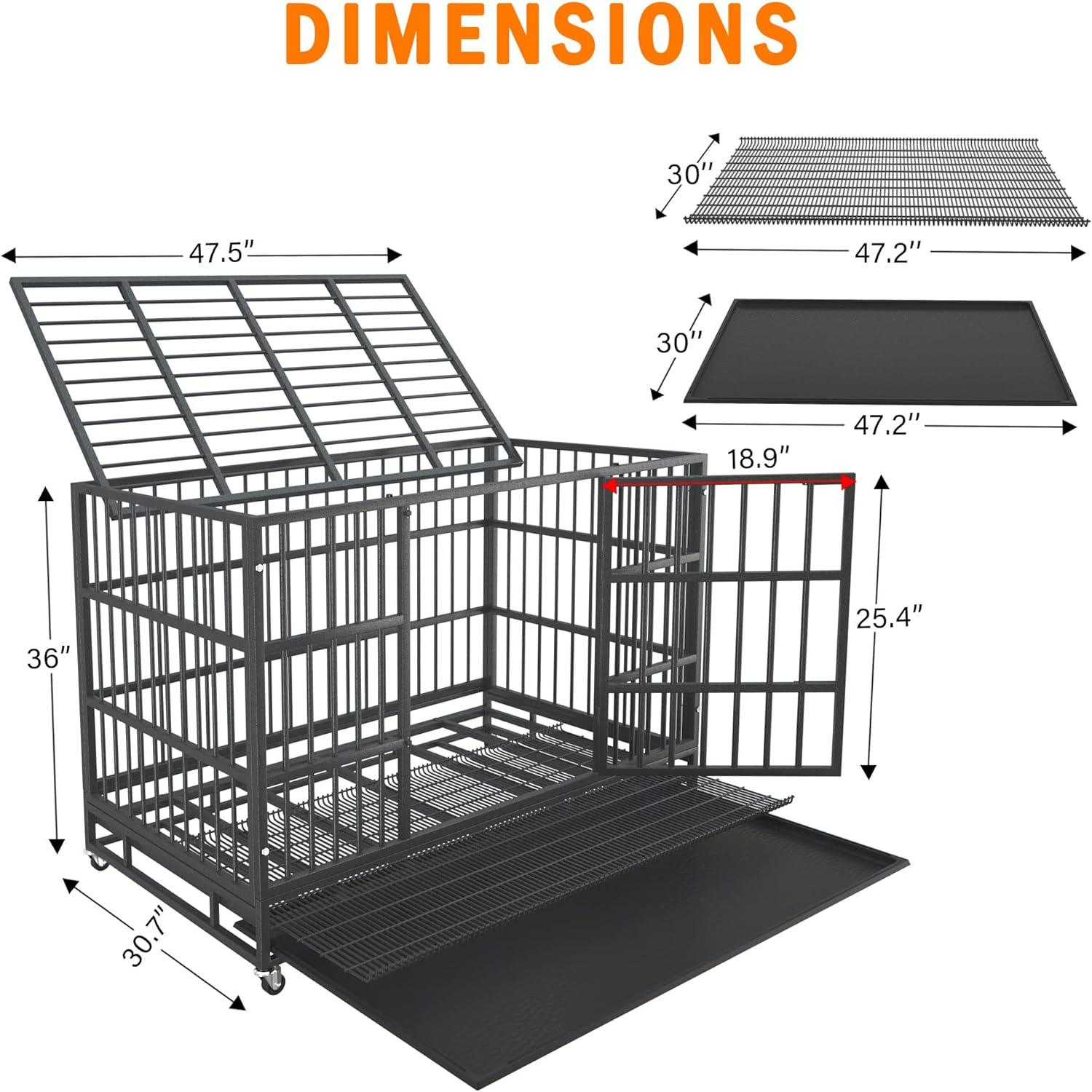 Boldbone 48/38 inch Heavy Duty Indestructible Dog Crate Cage Kennel for Large Dogs, High Anxiety Dog Crate with Removable Crate Trays, Wheels and Double Door, Extra Large XL XXL Escape Proof Dog Crate