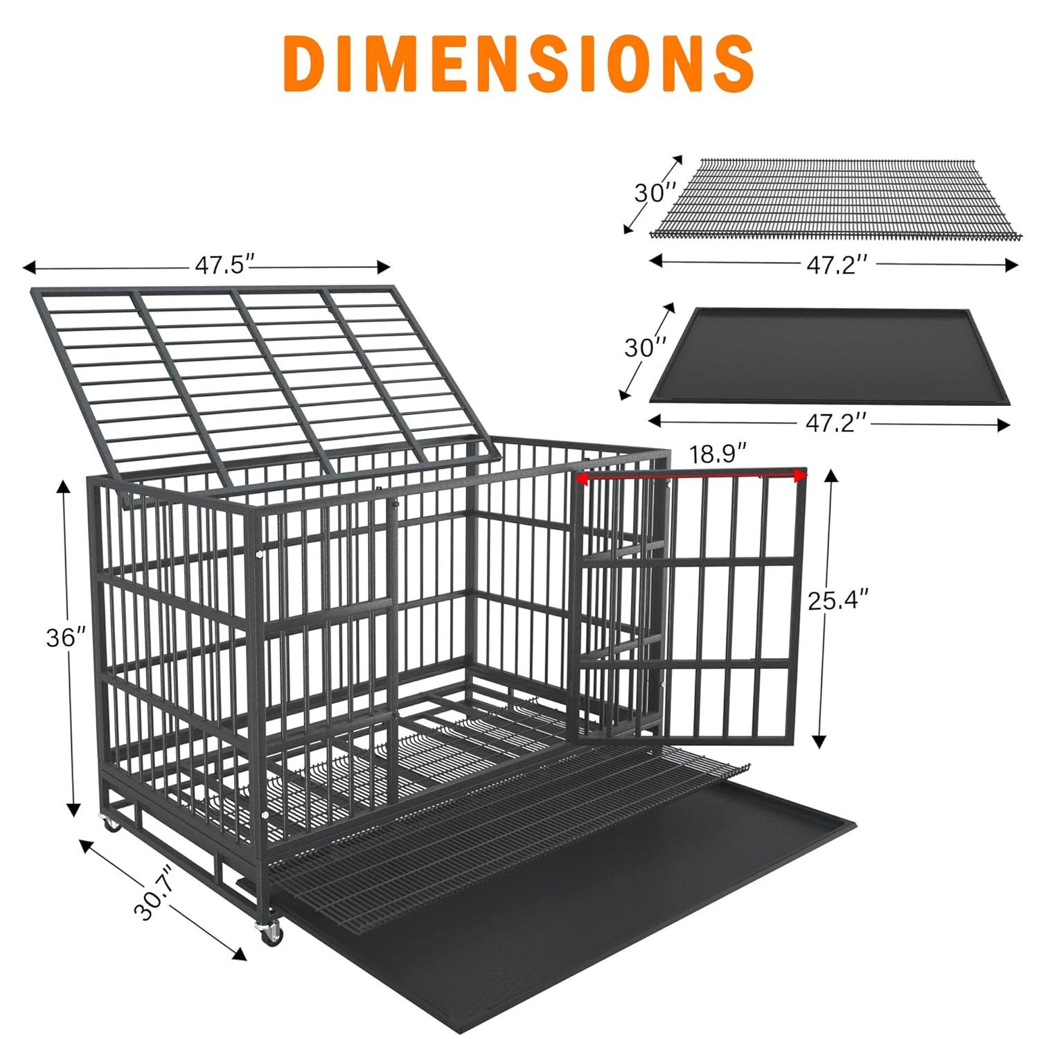 Boldbone 48/38 inch Heavy Duty Indestructible Dog Crate Cage Kennel for Large Dogs, High Anxiety Dog Crate with Removable Crate Trays, Wheels and Double Door, Extra Large XL XXL Escape Proof Dog Crate