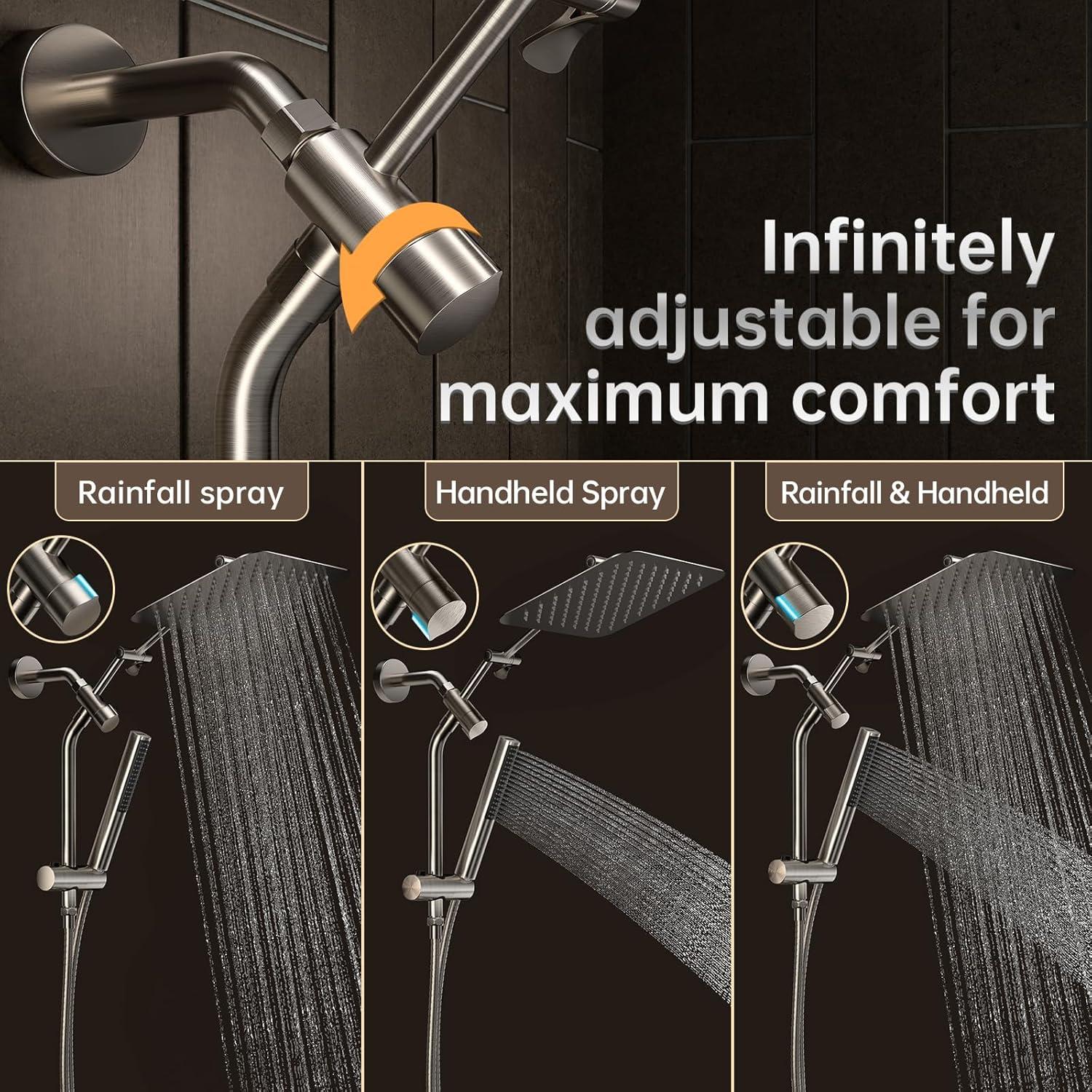 Veken Brushed Nickel Shower Head, 10'' All Metal Rain Shower Heads with Handheld Spray Combo, Hand Held Bathroom Combo with Extension Arm, Dual shower with Power Wash, Adjustable Rainfall Showerhead