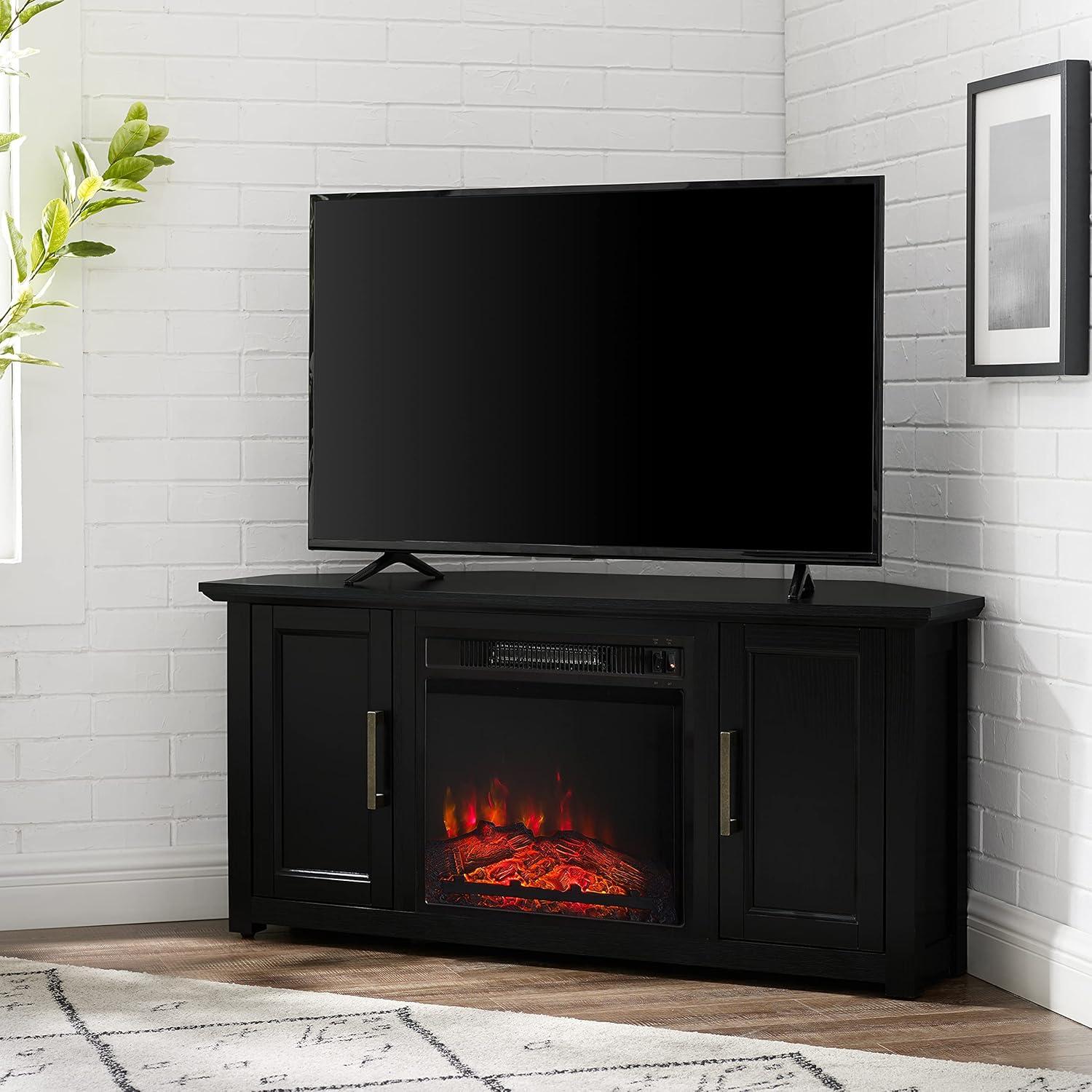Crosley Camden Corner TV Stand for TVs up to 50" with Fireplace Black : Mid-Century Modern, Adjustable Shelves, Cable Management