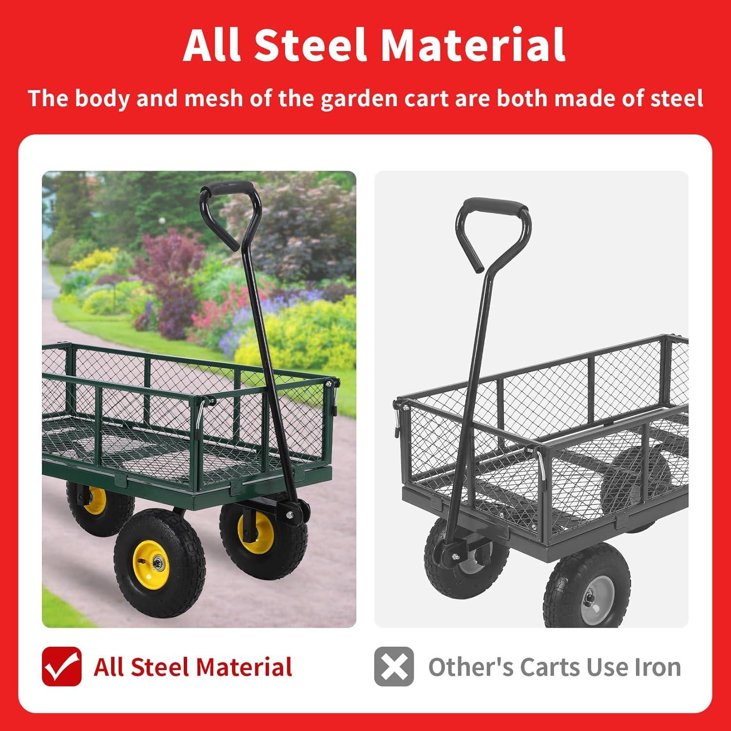 Garden Cart on Wheels 880Lbs Capacity, Heavy Duty Full Steel Utility Wagon, Versatile Flatbed Carts with Removable Mesh Sides, 180° Rotating Handle, Fit for Outdoor Garden, Lawn, Yard