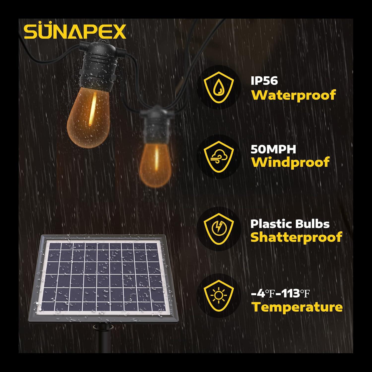 SUNAPEX Solar String Lights Outdoor Waterproof, 48FT Solar Patio Lights with Shatterproof Edison Bulbs,Outdoor String Lights Solar