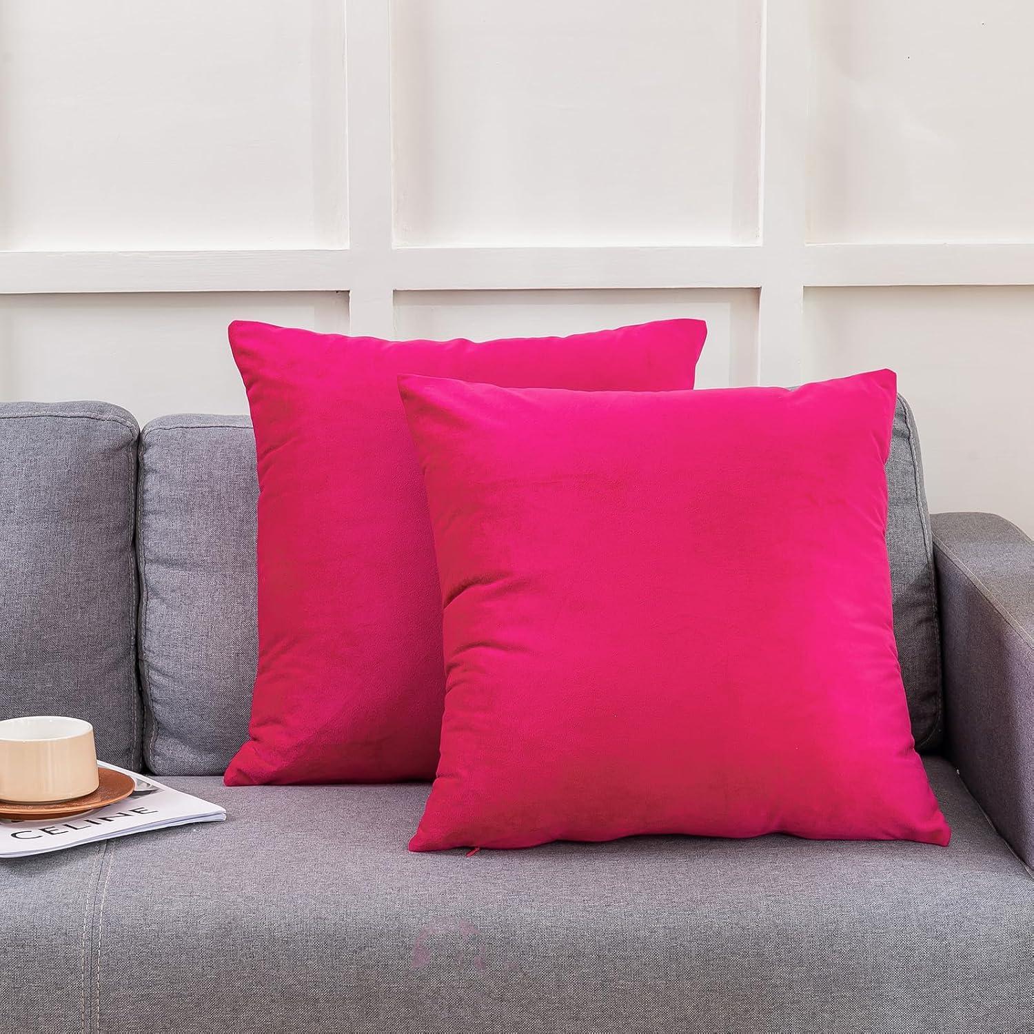 RainRoad Hot Pink Throw Pillows Covers Set of 2 Soft Velvet Decorative Pillow Covers 18x18 Inch for Couch Bed(Hot Pink, 18" x 18"(Pack of 2))