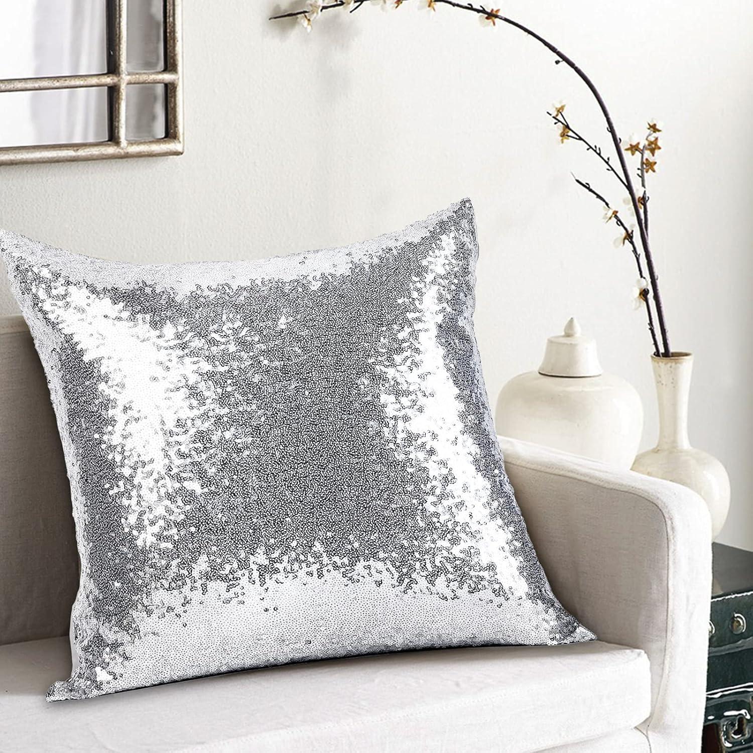 Eternal Beauty Set of 2 Silver Pillow Cover Sequin Decorative Pillow Covers for Couch Sofa Throw Pillows 18 X 18 Inches