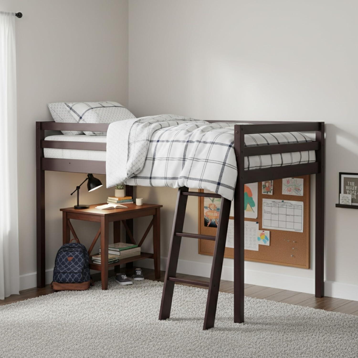 Espresso Twin Loft Bed with Ladder and Guardrails