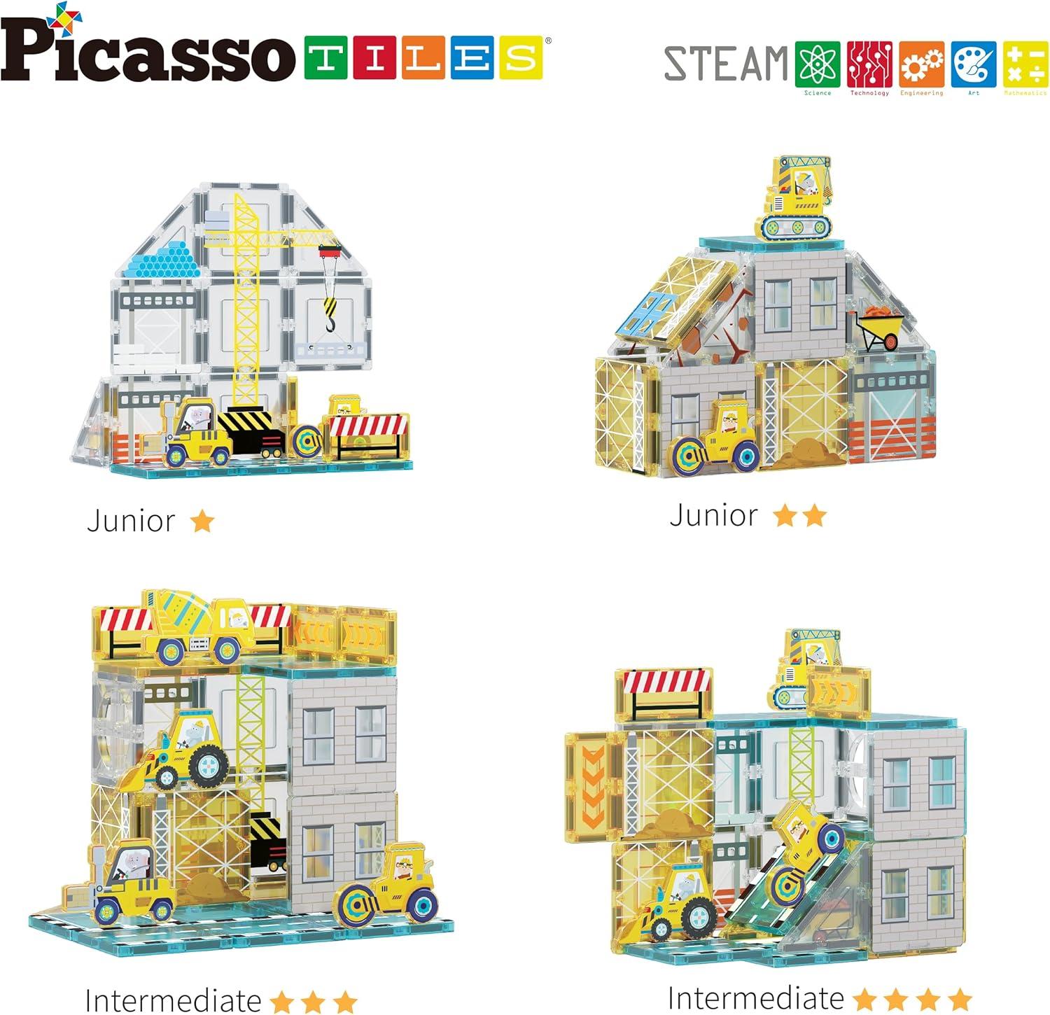 Picasso-TILES 45 PC Construction Themed, Magnetic Tiles, Magnetic Building Blocks for Kids, Magnet for Kids 3+