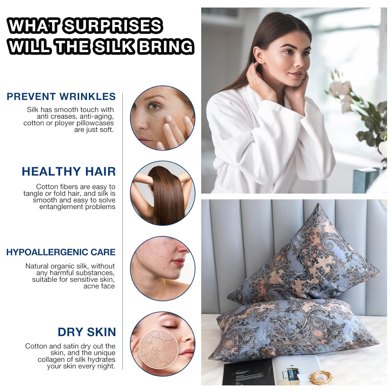MANSPHIL 22 Momme Silk Paisley Pillowcase, Blue Gray Floral Print, 100% Mulberry Silk Pillow Cases Cover Zipper Closure, Hypoallergenic Beauty Care- Standard Size, 20" x 26"