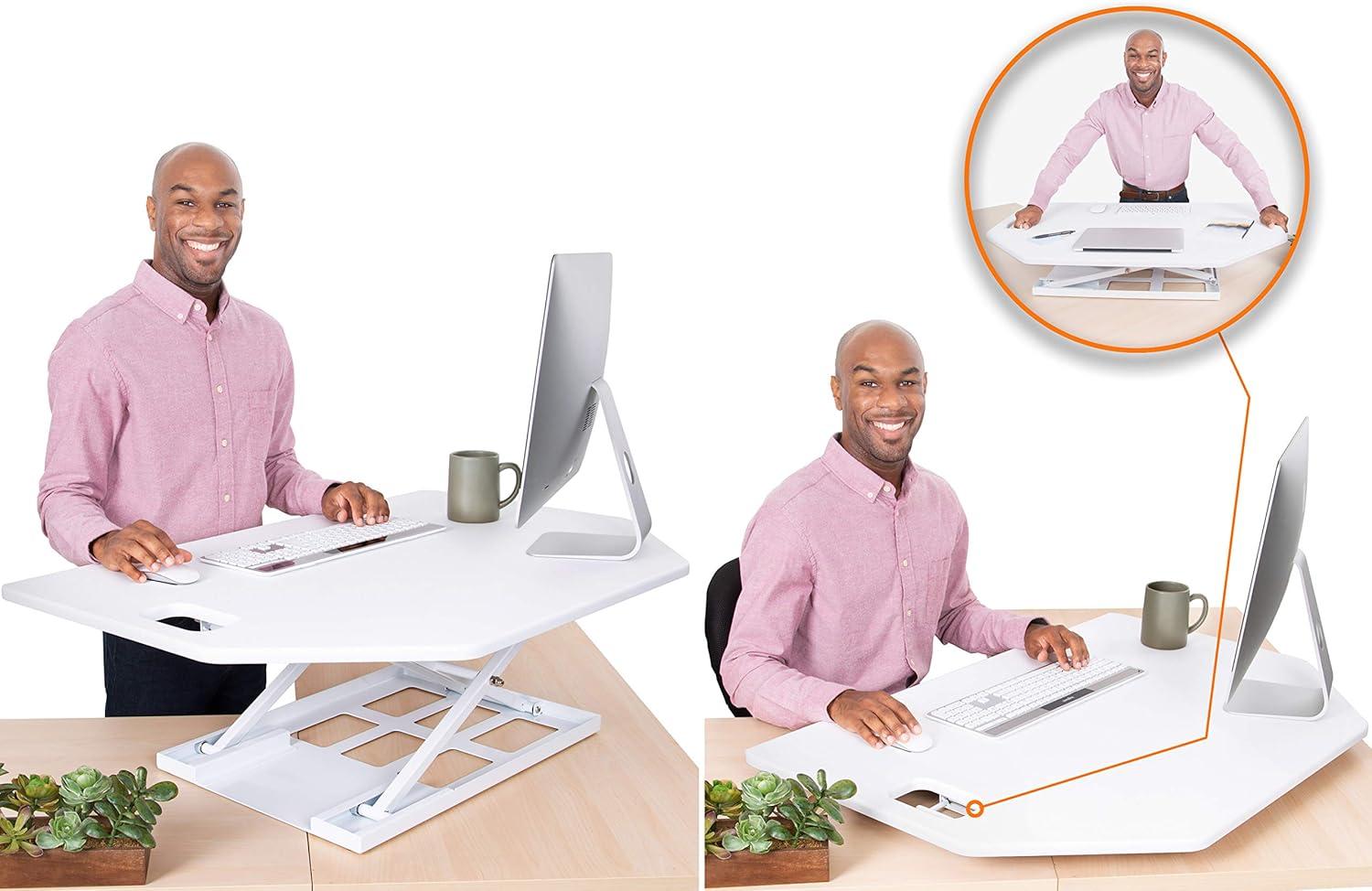 X-Elite Premier Corner Standing Desk Converter with Pneumatic Height Adjustment – White – Stand Steady