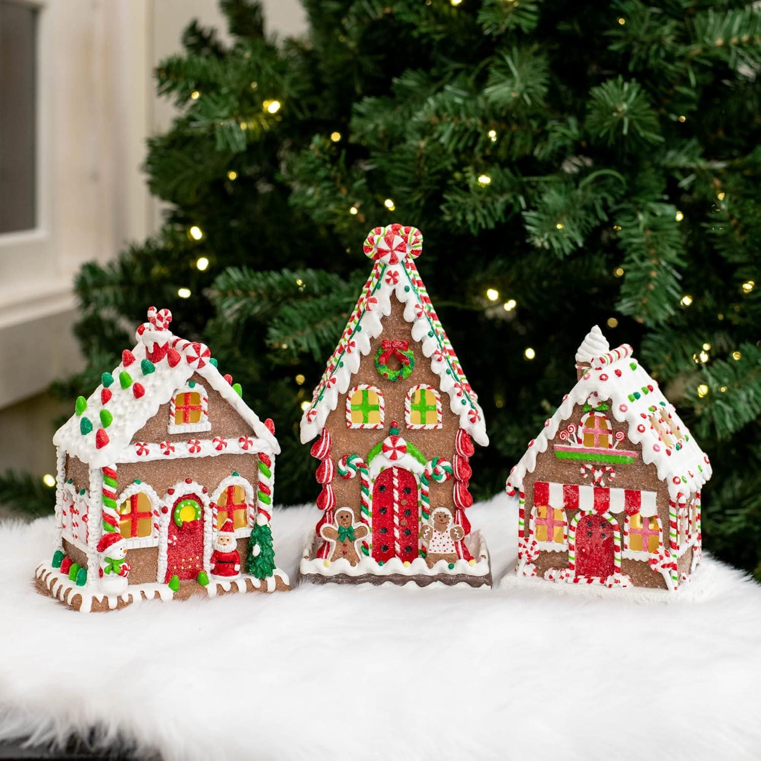 Mark Feldstein & Associates Gingerbread Village Red 8 inch Porcelain Holiday Tea Light Figurines Set of 3