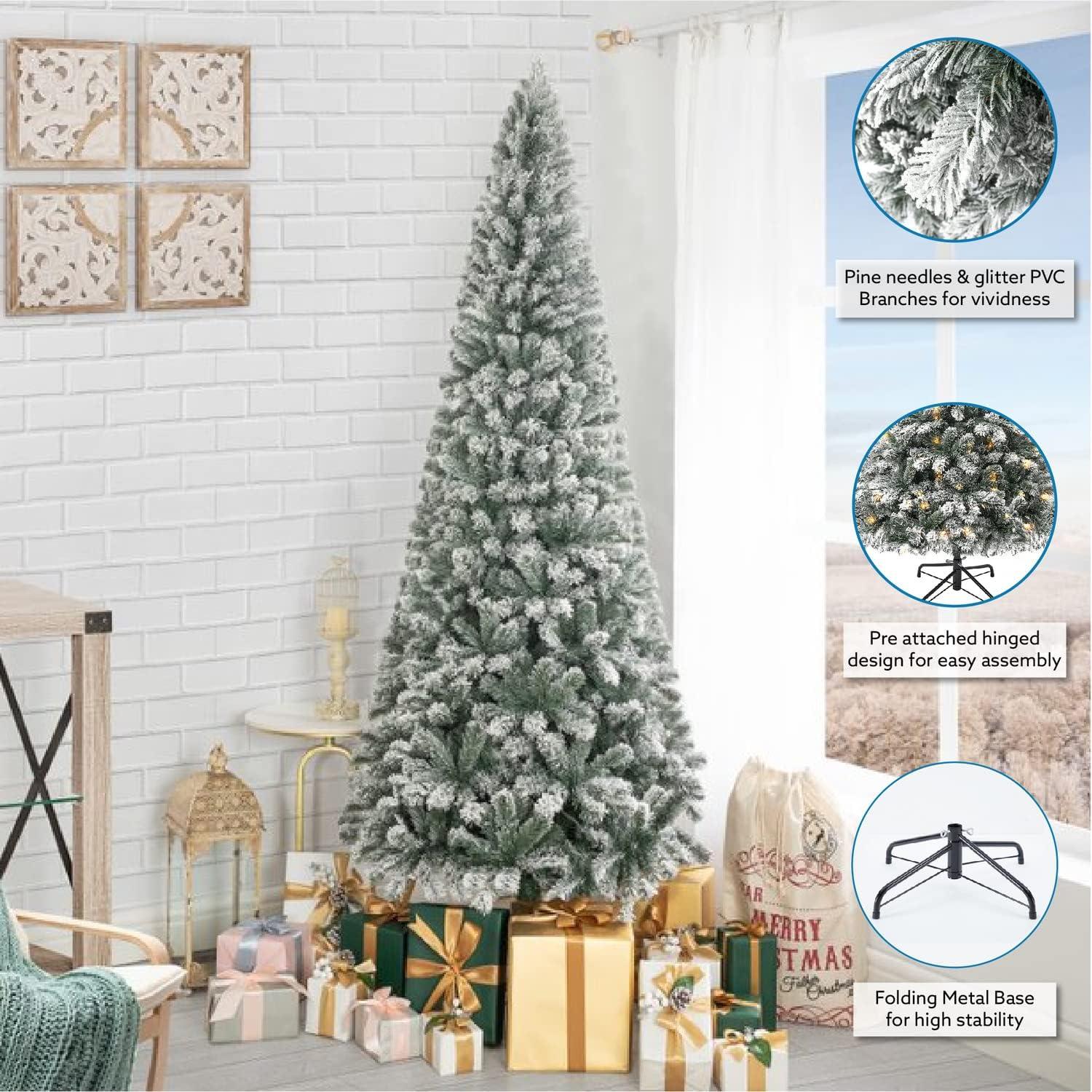 Salzburg 7.5ft Frosted Prelit Slim Artificial Christmas Tree with 1102 Branch Tips, 350 Warm Lights and Metal Stand, 34" wide Realistic Snow Flocked Skinny Pencil Christmas Tree by Naomi Home