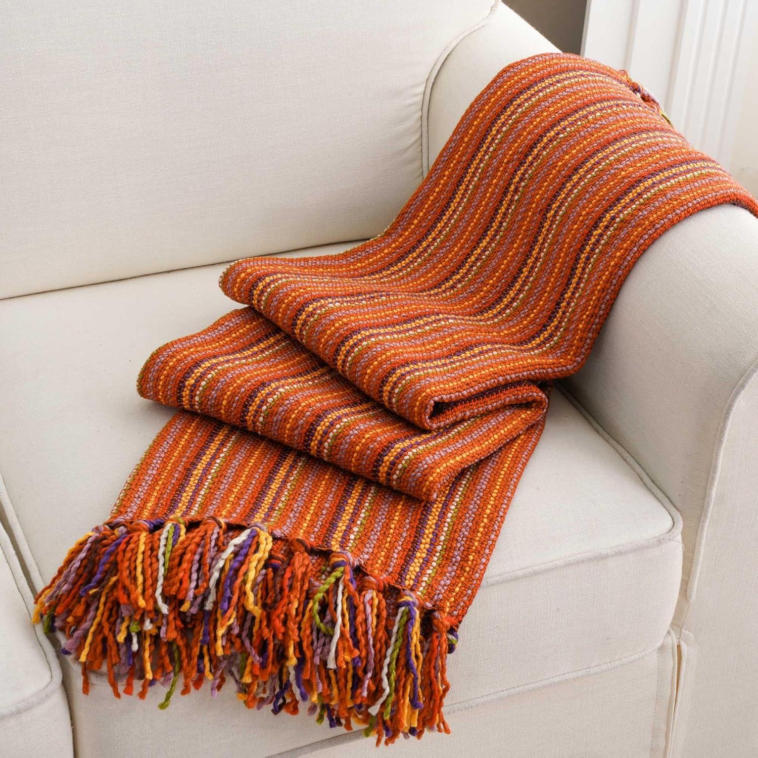 Brick Red Knitted Acrylic Throw Blanket with Fringes, 50"x60"