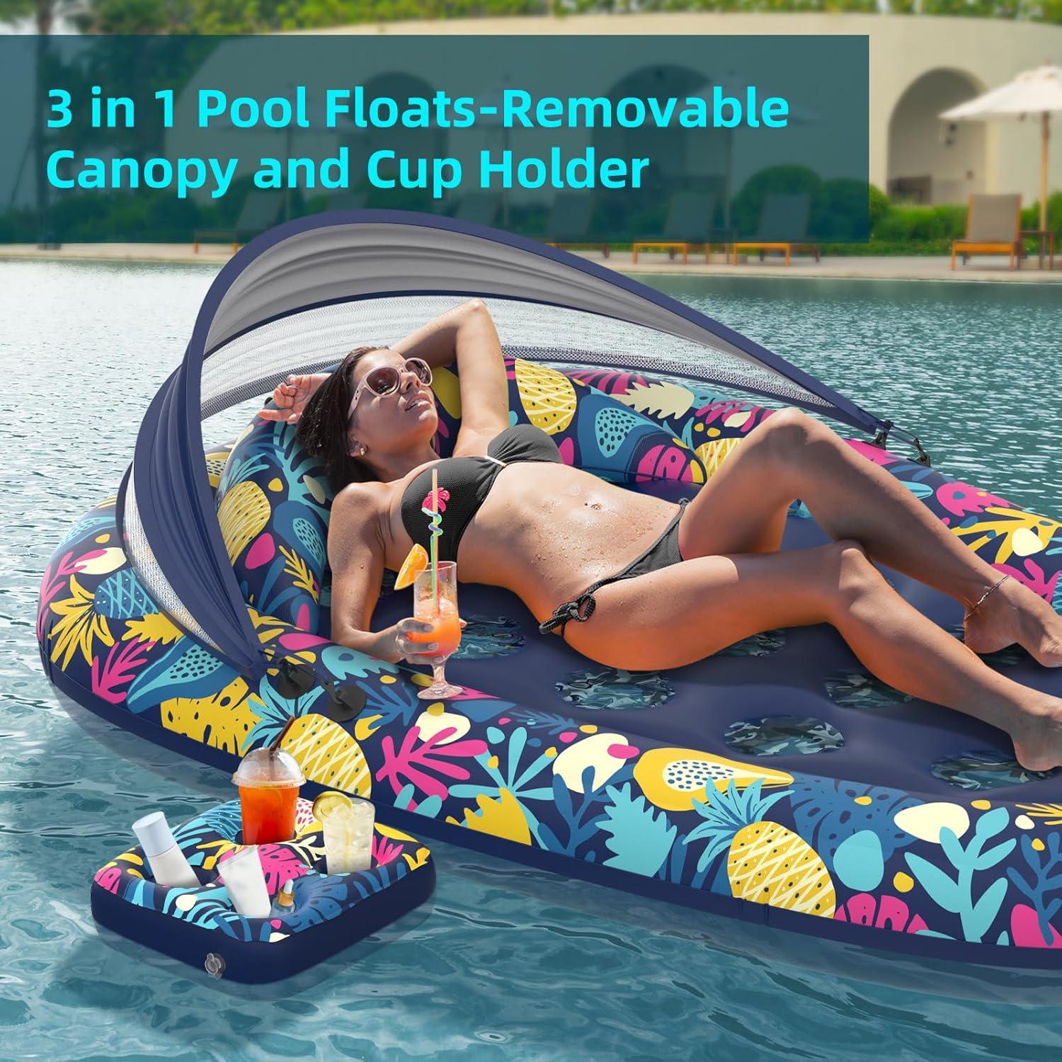 3-in-1 Pool Floats with Canopy Cup Holder, XL Large 73" x 48" Inflatable Pool Floats for Adults Lounger Raft Floating Chair for Swimming Pool Lake Water Lounge Float Beach Pool Party Toys